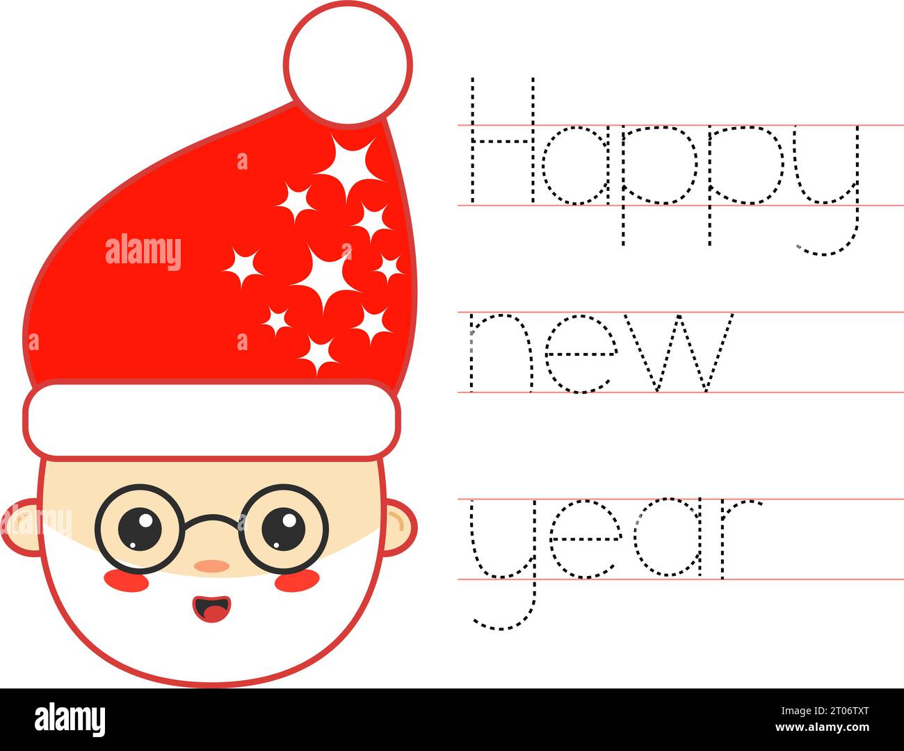 Handwriting practice with cute Santa. Happy new year. Tracing lines