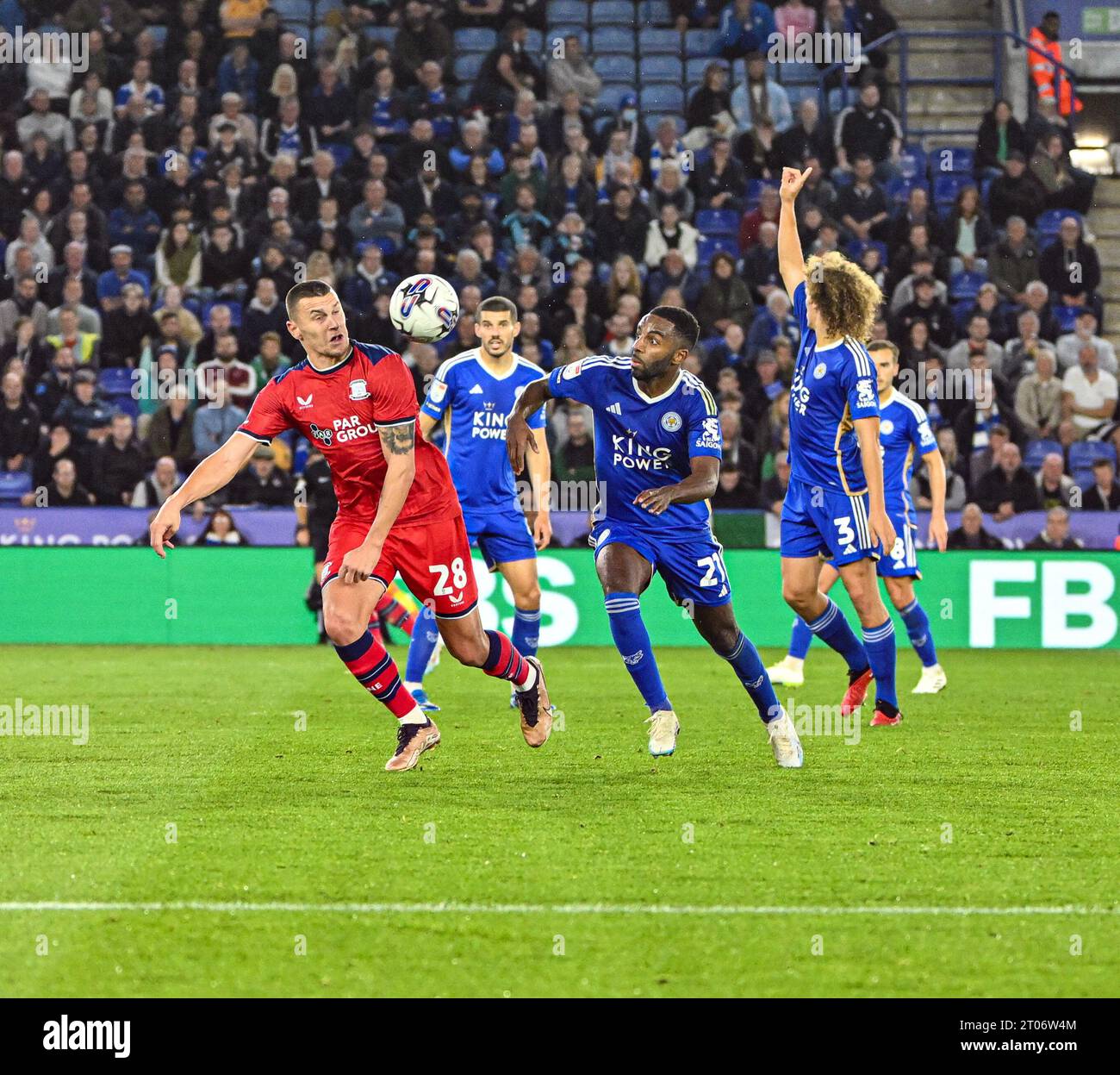 King Power Stadium, Leicester, UK. 4th Oct, 2023. EFL Championship Football, Leicester City versus Preston North End; Milutin Osmajic of Preston North End is caught offside Credit: Action Plus Sports/Alamy Live News Stock Photo