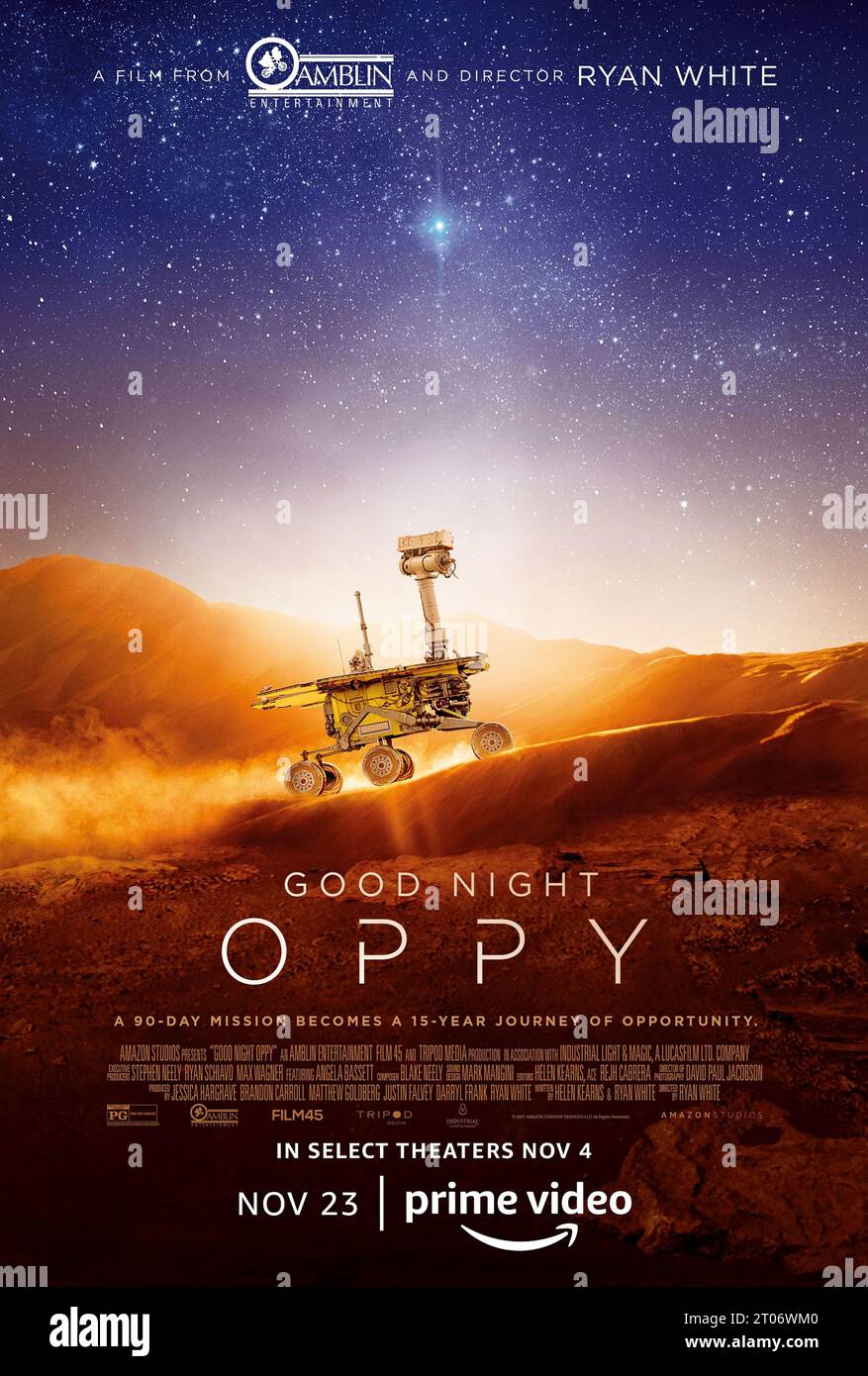 Good Night Oppy (2022) directed by Jordan Peele and starring Daniel Kaluuya, Keke Palmer and Brandon Perea. Documentary about the Mars Exploration Rover named follows Opportunity affectionately dubbed Oppy by her creators and scientists at NASA who explored Mars for nearly 15 years. US one sheet poster.***EDITORIAL USE ONLY*** Credit: BFA / Amazon Studios Stock Photo