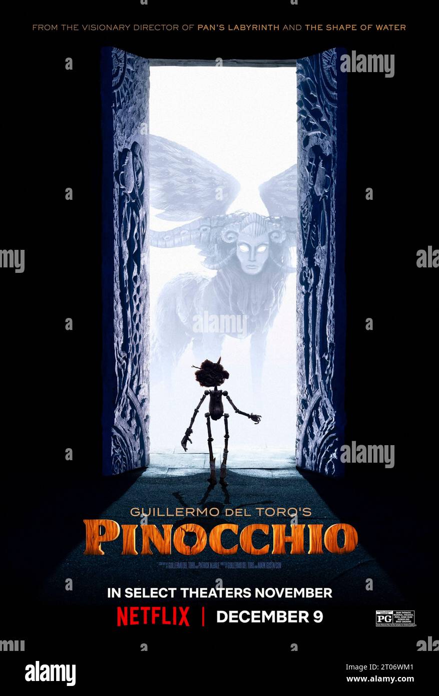 Pinocchio (2022) directed by Guillermo del Toro and Mark Gustafson and starring Ewan McGregor, David Bradley, Gregory Mann. Adaptation of Carlo Collodi's classic tale about a father's wish magically brings a wooden boy to life in Italy, giving him a chance to care for the child. US one sheet poster.***EDITORIAL USE ONLY*** Credit: BFA / Netflix Stock Photo