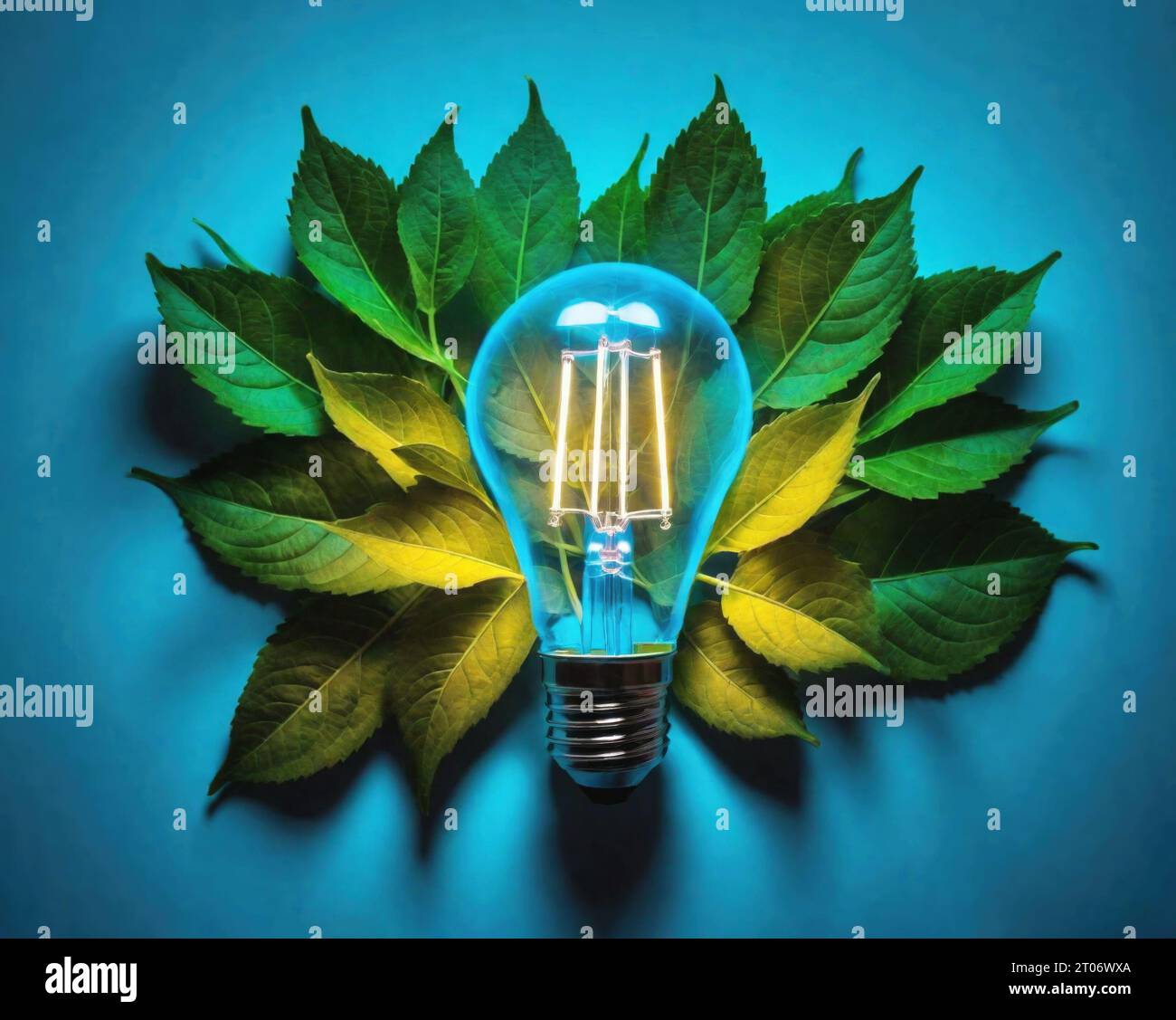 light bulb lit with warm glow on a leaves bed with soft shadows on a