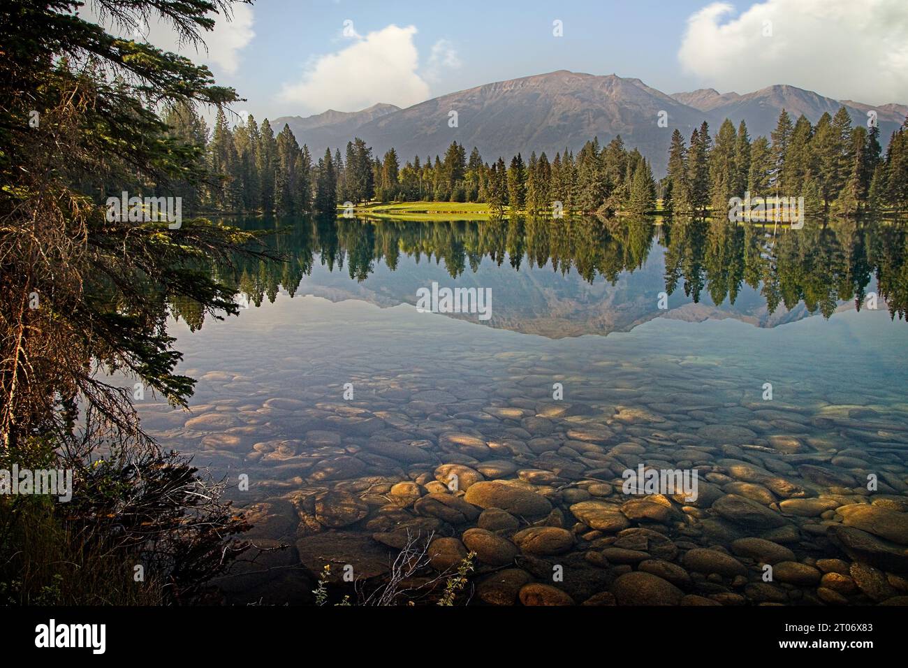 Lake Annette, at the Fairmont Lodge, in Jasper, Alberta, Canada. Stock Photo