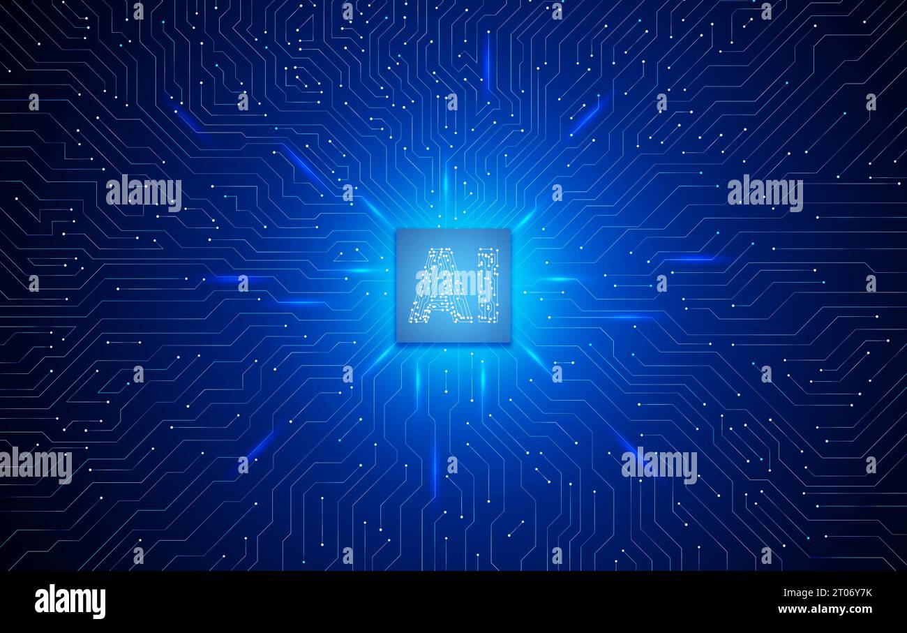 AI chip on a circuit board. Artificial Intelligence inside the CPU, Central Processing Unit,  digital microchip, and advanced technology. Stock Photo