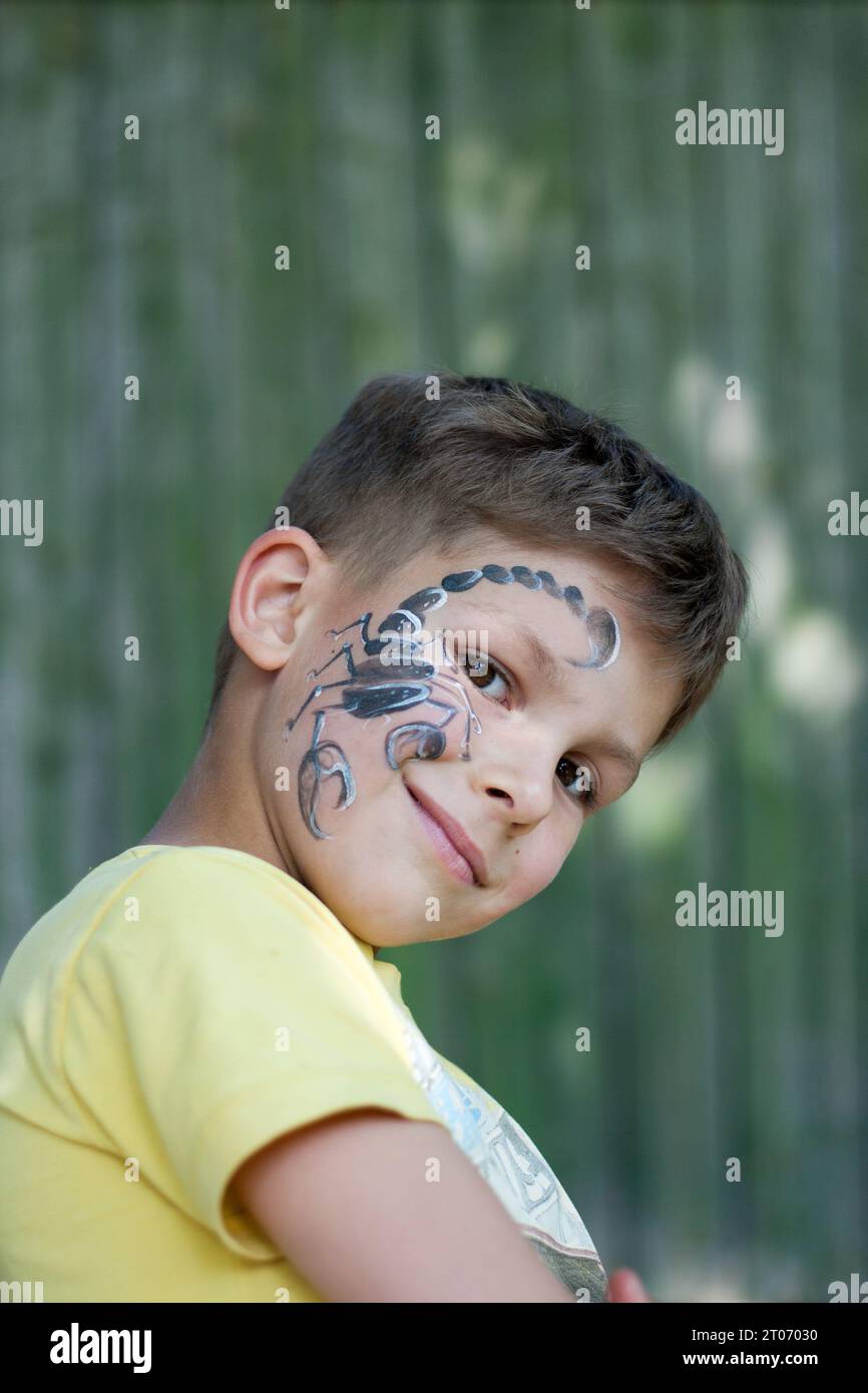 Portrait of preschool boy with painted scorpion on his face. Festive face painting. Happy brown-eyed child outdoors on green background. Summer. body Stock Photo