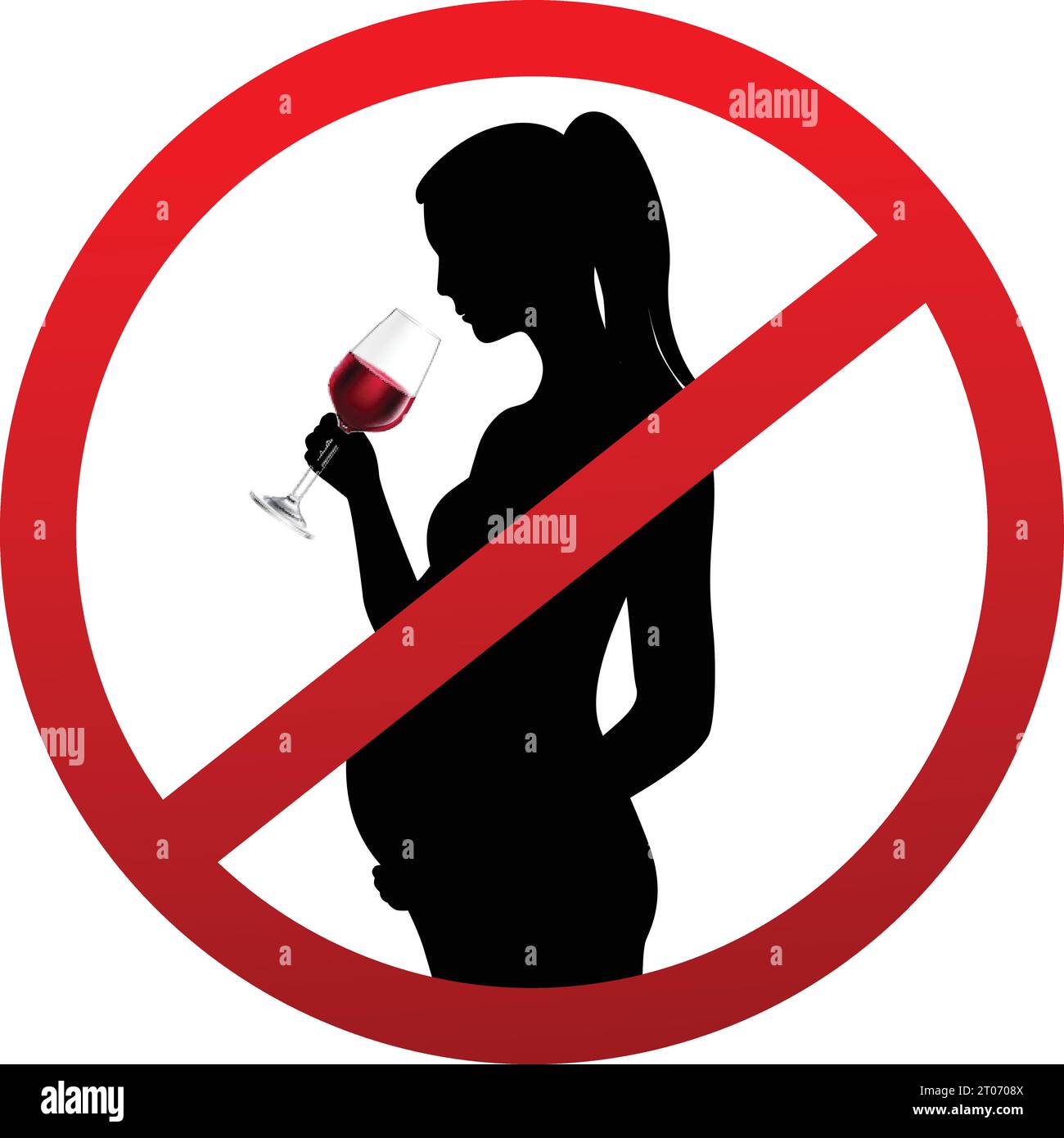 Pregnant woman silhouette drinking wine from glass in stop symbol
