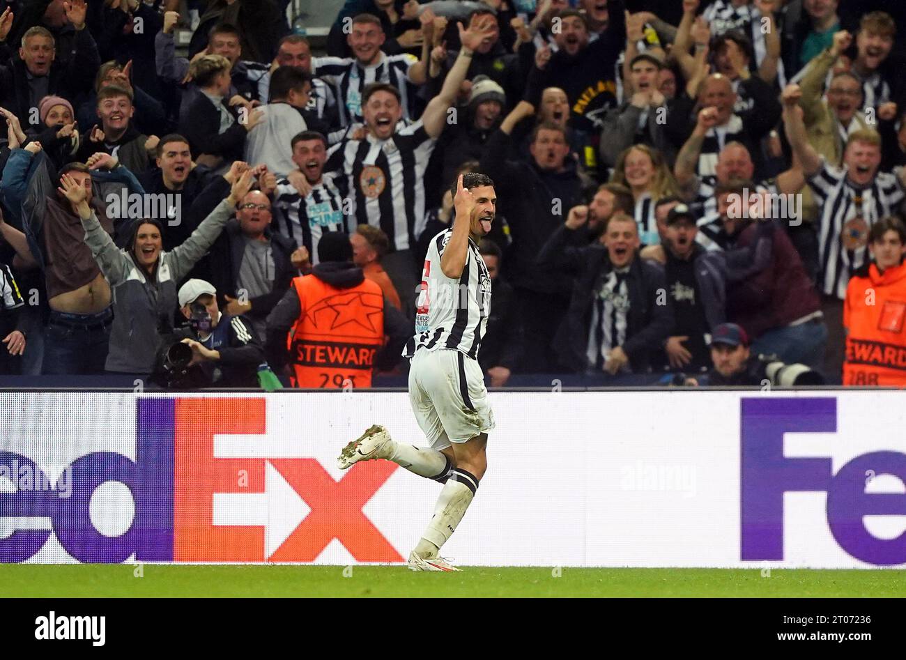 Newcastle United's Fabian Schar celebrates scoring their side's fourth goal of the game during the UEFA Champions League Group F match at St. James' Park, Newcastle upon Tyne. Picture date: Wednesday October 4, 2023. Stock Photo