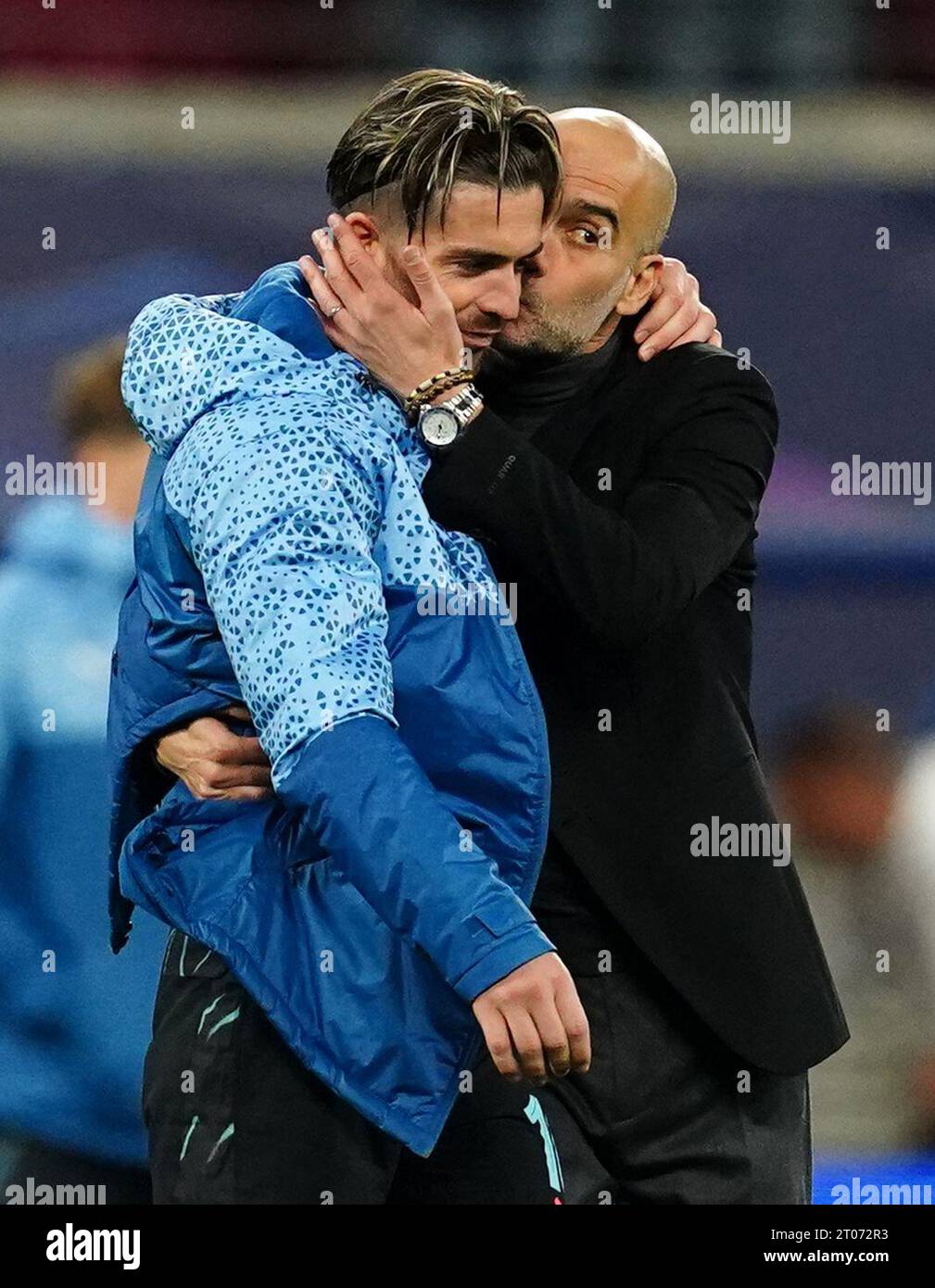 Manchester City manager Pep Guardiola with Jack Grealish after the UEFA ...