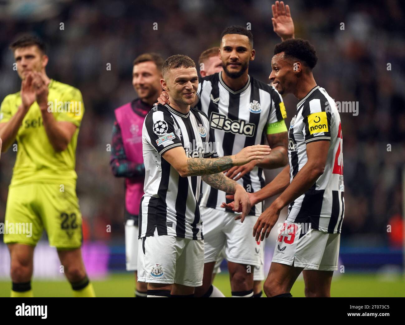 Newcastle United's Kieran Trippier and Jacob Murphy after the UEFA Champions League Group F match at St. James' Park, Newcastle upon Tyne. Picture date: Wednesday October 4, 2023. Stock Photo