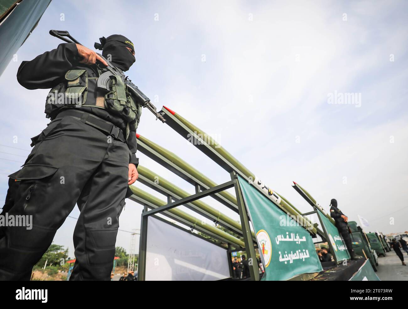 Gaza, Palestine. 04th Oct, 2023. Military vehicle carrying rocket launchers of the Islamic Jihad movement seen during an anti-Israel military parade marking the 36th anniversary of the movement's foundation in Gaza City Credit: SOPA Images Limited/Alamy Live News Stock Photo