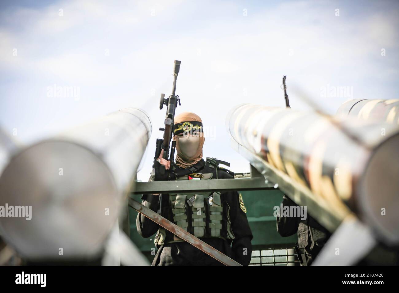 Gaza, Palestine. 04th Oct, 2023. Military vehicle carrying rocket launchers of the Islamic Jihad movement seen during an anti-Israel military parade marking the 36th anniversary of the movement's foundation in Gaza City Credit: SOPA Images Limited/Alamy Live News Stock Photo