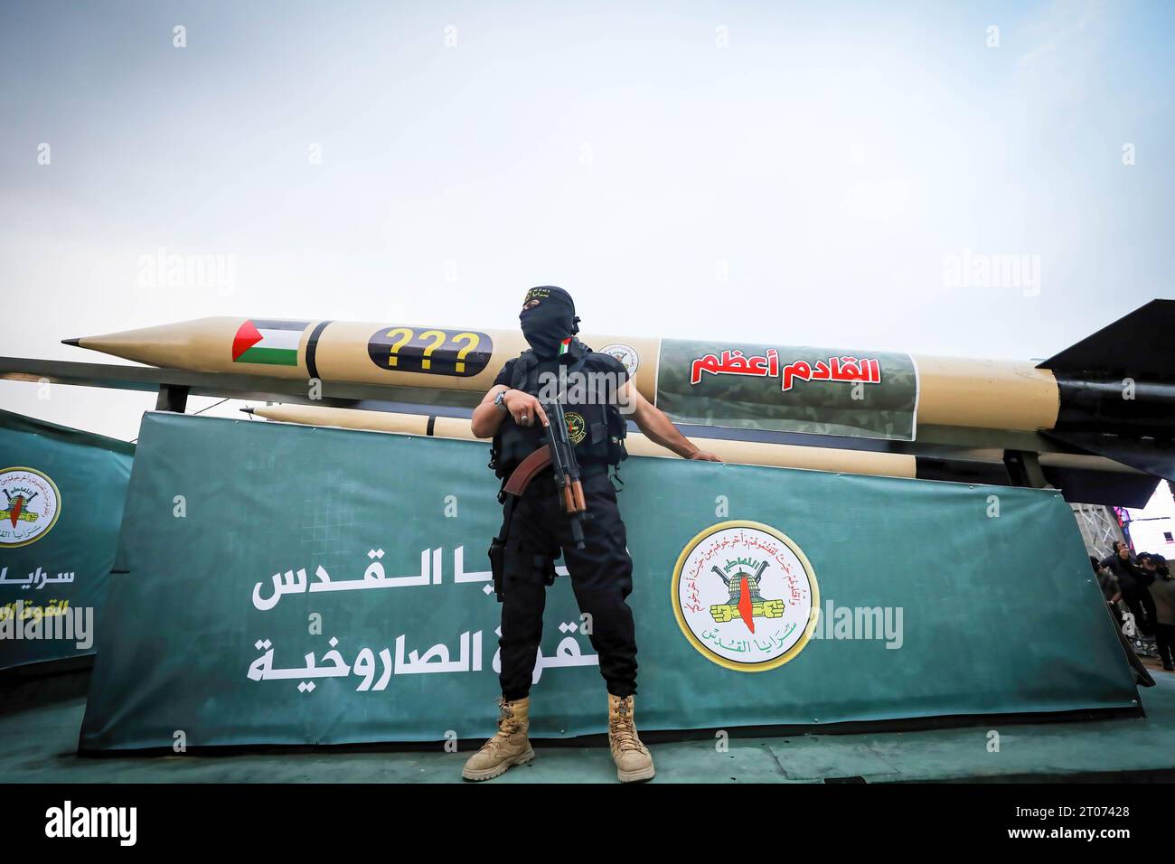 Gaza, Palestine. 04th Oct, 2023. Military vehicle carrying rocket launchers of the Islamic Jihad movement seen during an anti-Israel military parade marking the 36th anniversary of the movement's foundation in Gaza City Credit: SOPA Images Limited/Alamy Live News Stock Photo