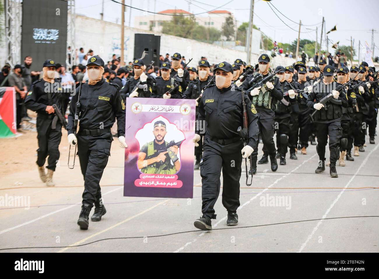 Gaza, Palestine. 04th Oct, 2023. Palestinian militants of the Islamic Jihad movement participate in an anti-Israel military parade marking the 36th anniversary of the movement's foundation in Gaza City Credit: SOPA Images Limited/Alamy Live News Stock Photo