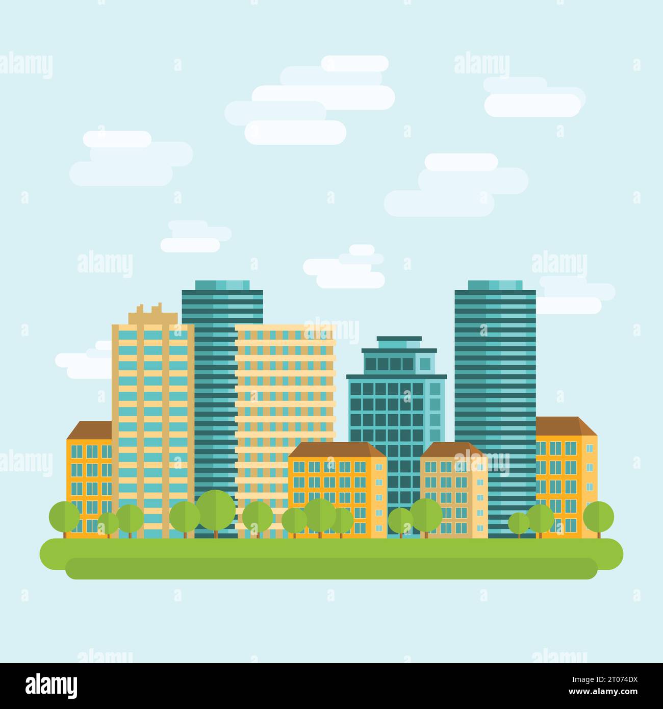 Modern city downtown green centre with tall buildings day skyline and clouds sketch abstract flat vector illustration Stock Vector