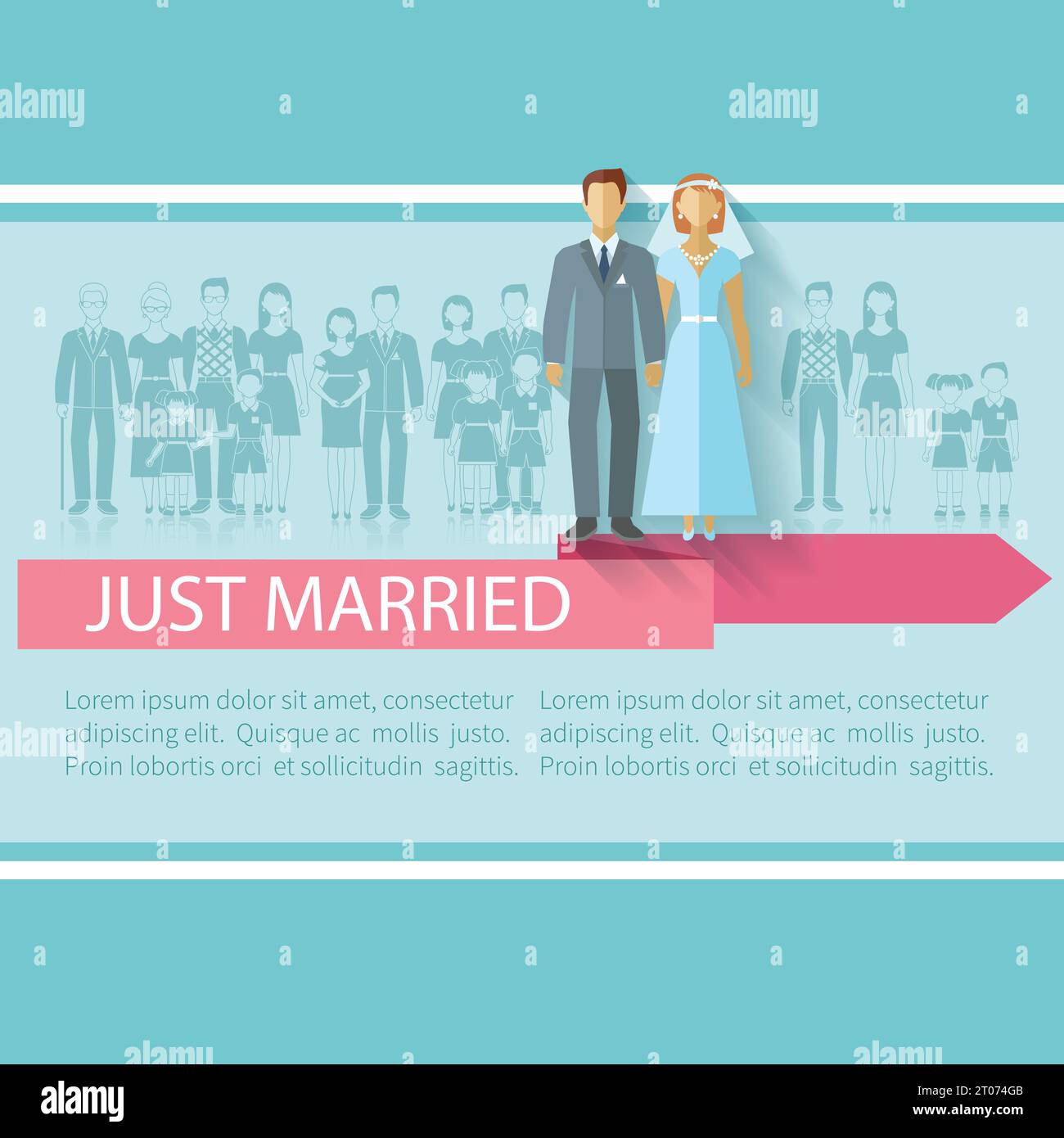 Wedding poster with just married couple and extended family guests flat