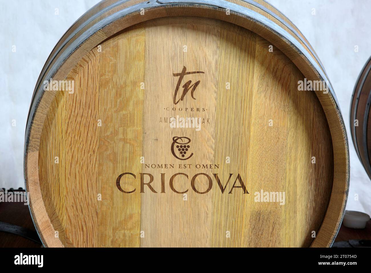 Close-up of a barrel at the Cricova Winery in Cricova, Moldova Stock Photo