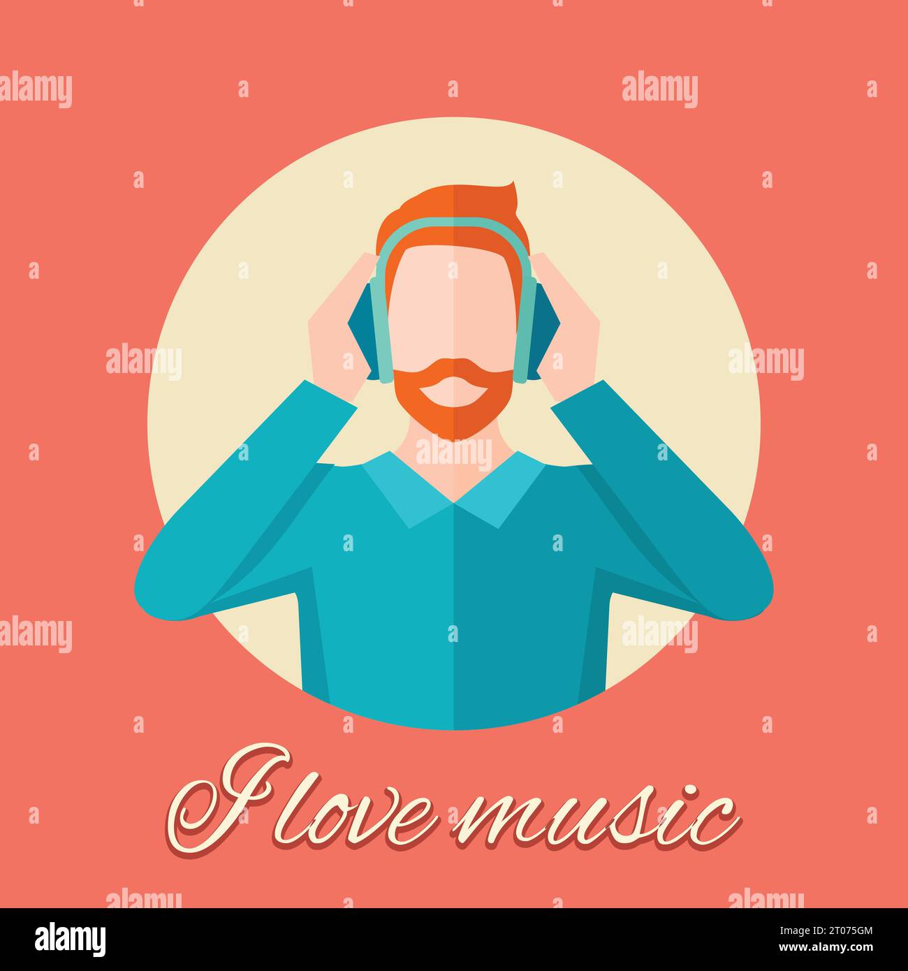 Man with beard listening music in headphones flat poster vector illustration Stock Vector