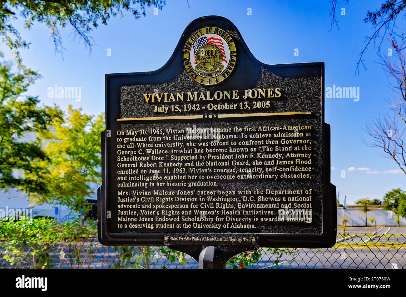 A historic markerstands near the childhood home of Vivian Malone Jones, Sept. 30, 2023, in Mobile, Alabama. Stock Photo