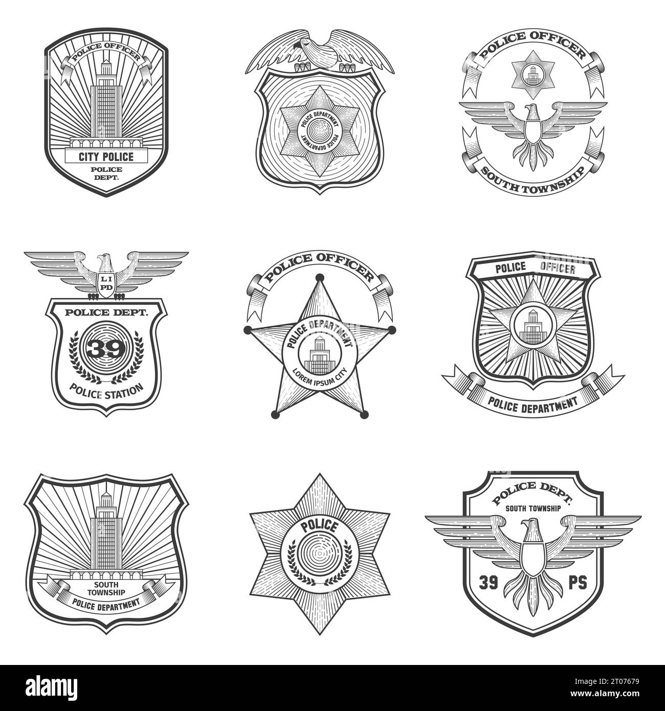 Police officer federal cop department emblems black set isolated vector illustration Stock Vector
