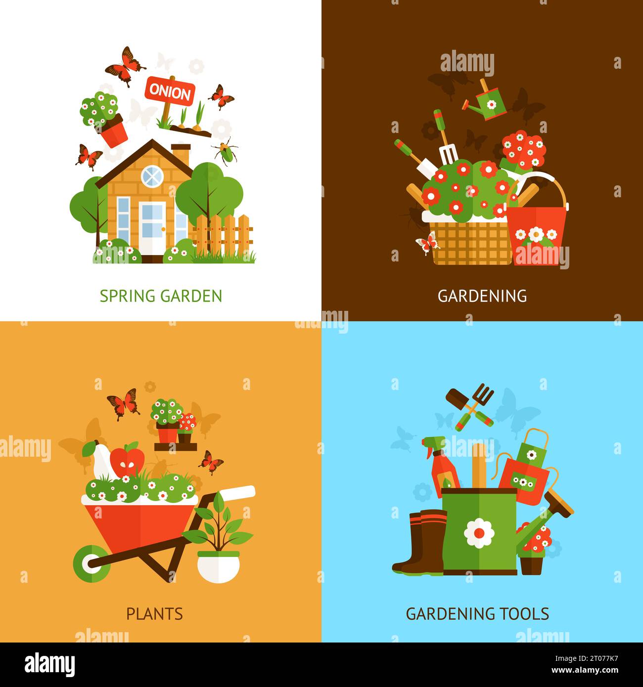 Spring gardening design concept set with plants and tools flat icons ...