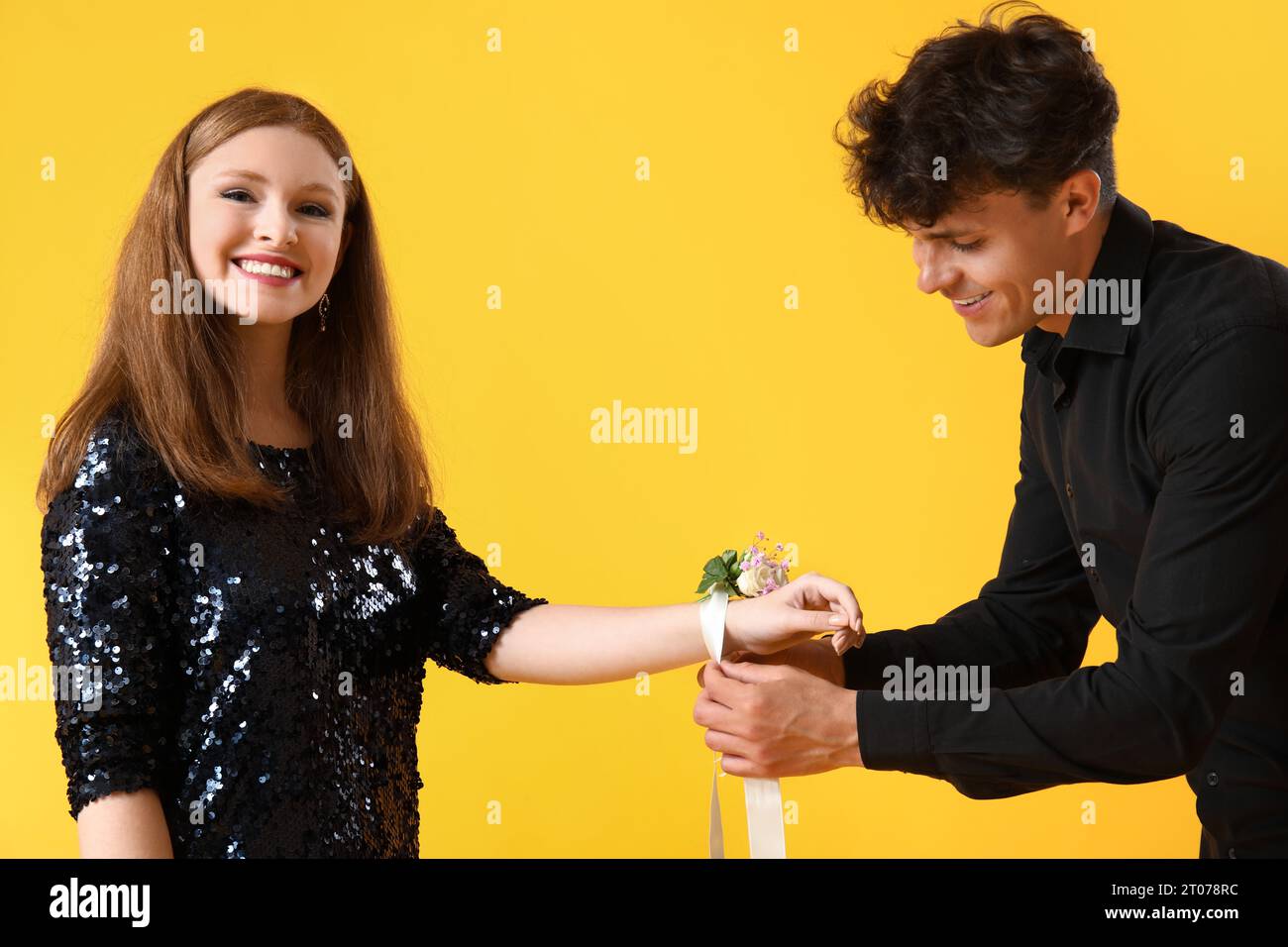 Boy Man GIVING CORSAGE Girl Teen Prom Co, Stock Video