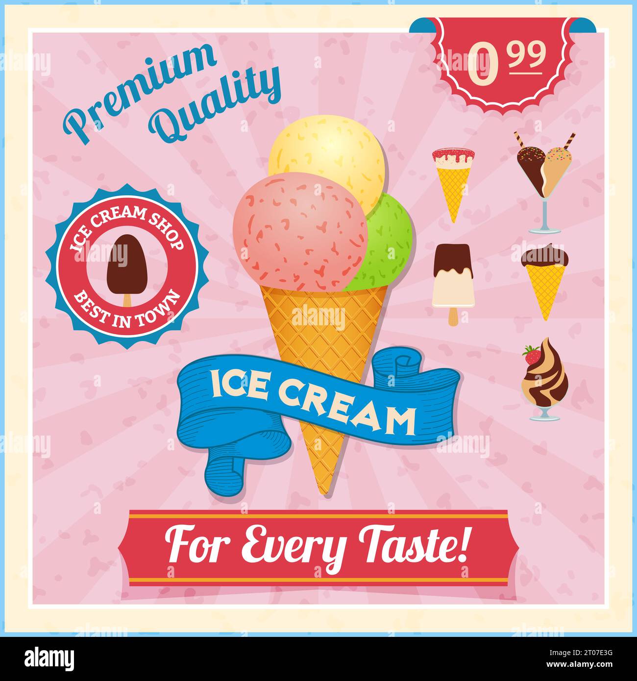 Ice cream shop advertisement vintage poster with three different taste scoops in waffle cone abstract vector illustration Stock Vector