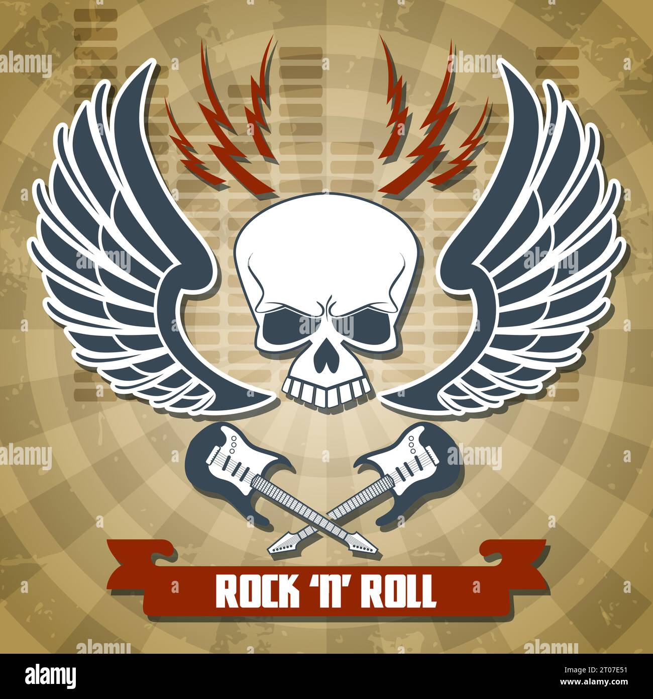 Retro rock with skull wings and crossed guitars background vector ...