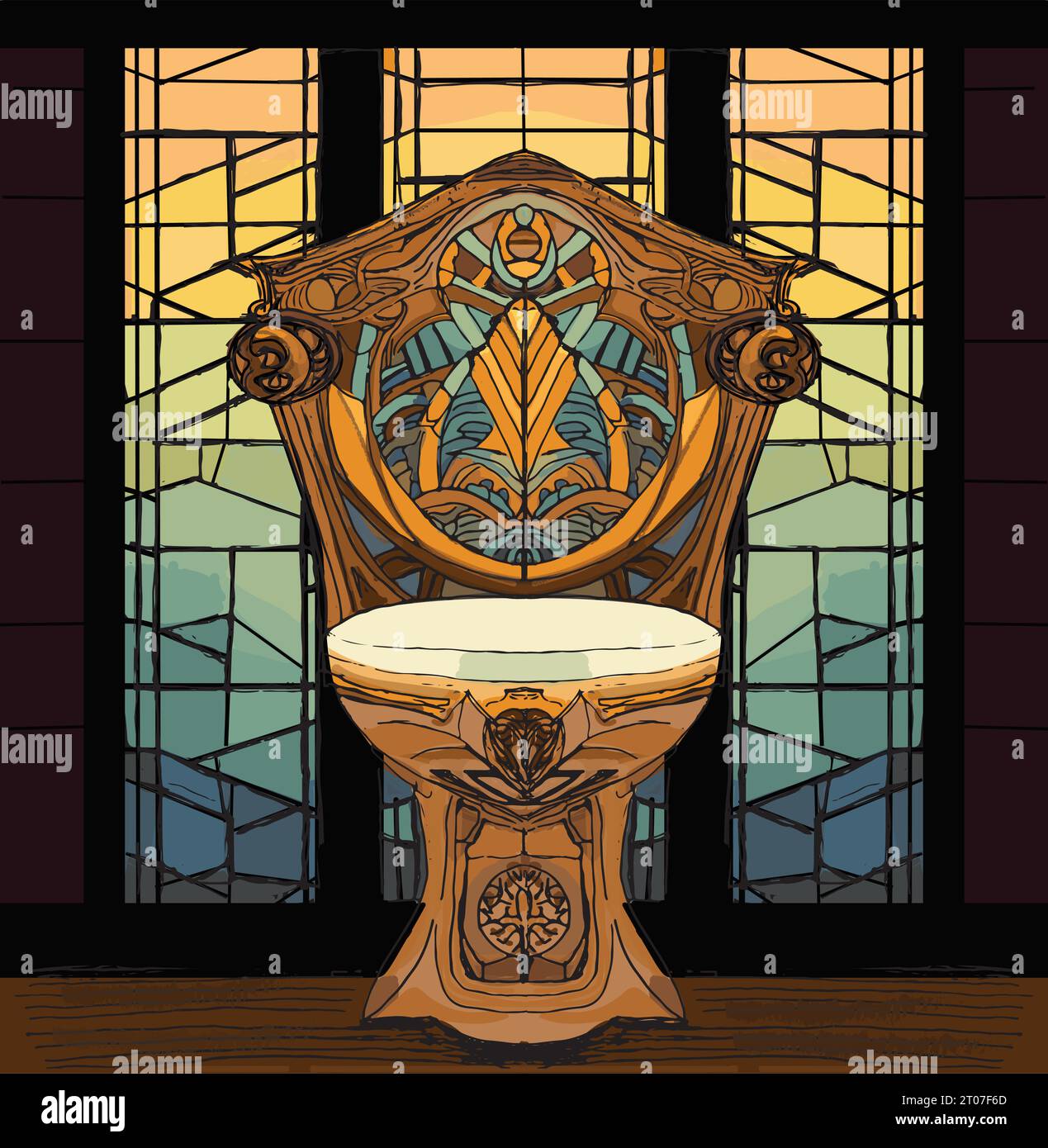 Stained glass illustration of an art nouveau style bathroom, toilet with glass window behind Stock Vector
