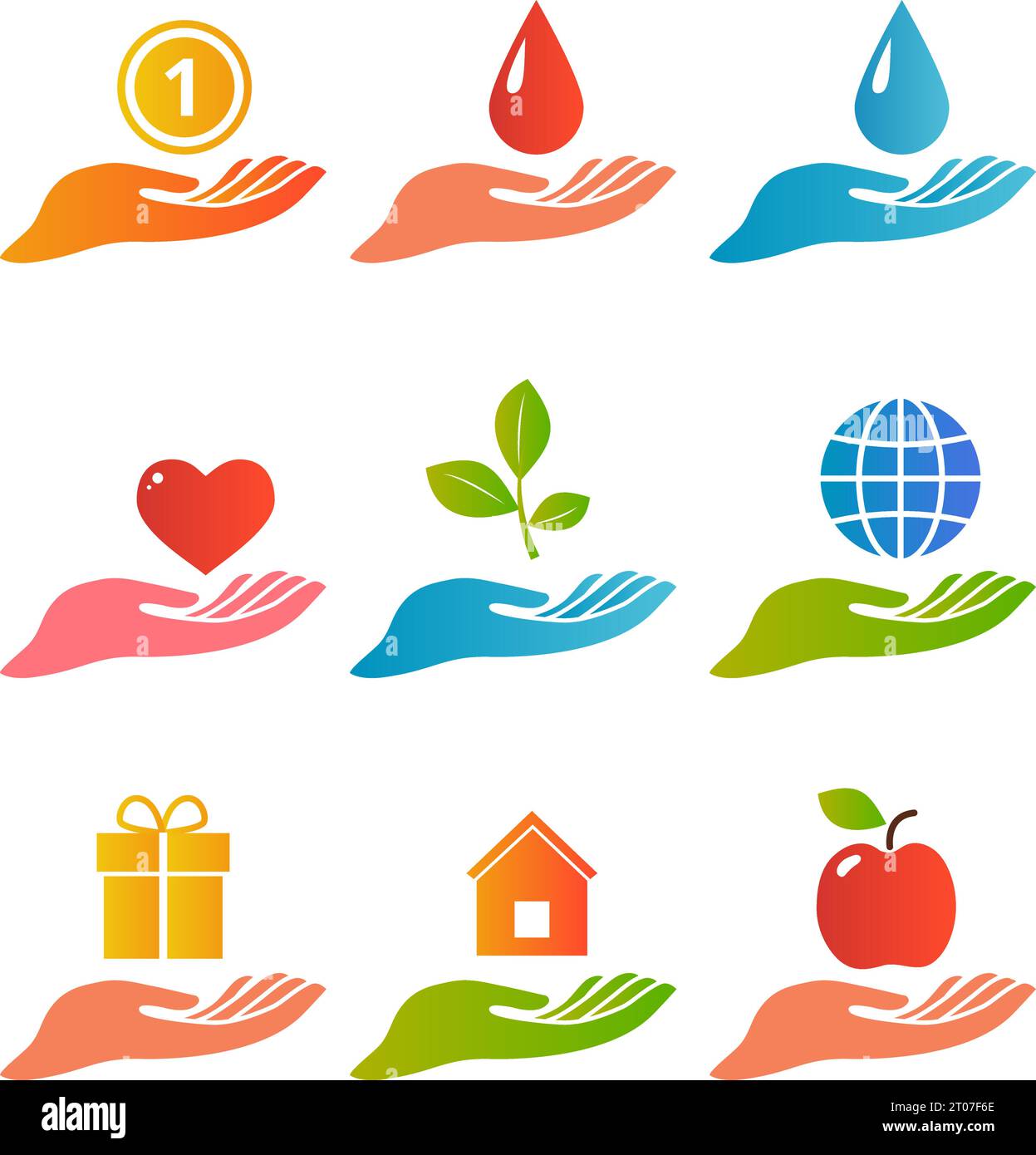 Hands and palm up concept with various objects logo set flat isolated vector illustration Stock Vector