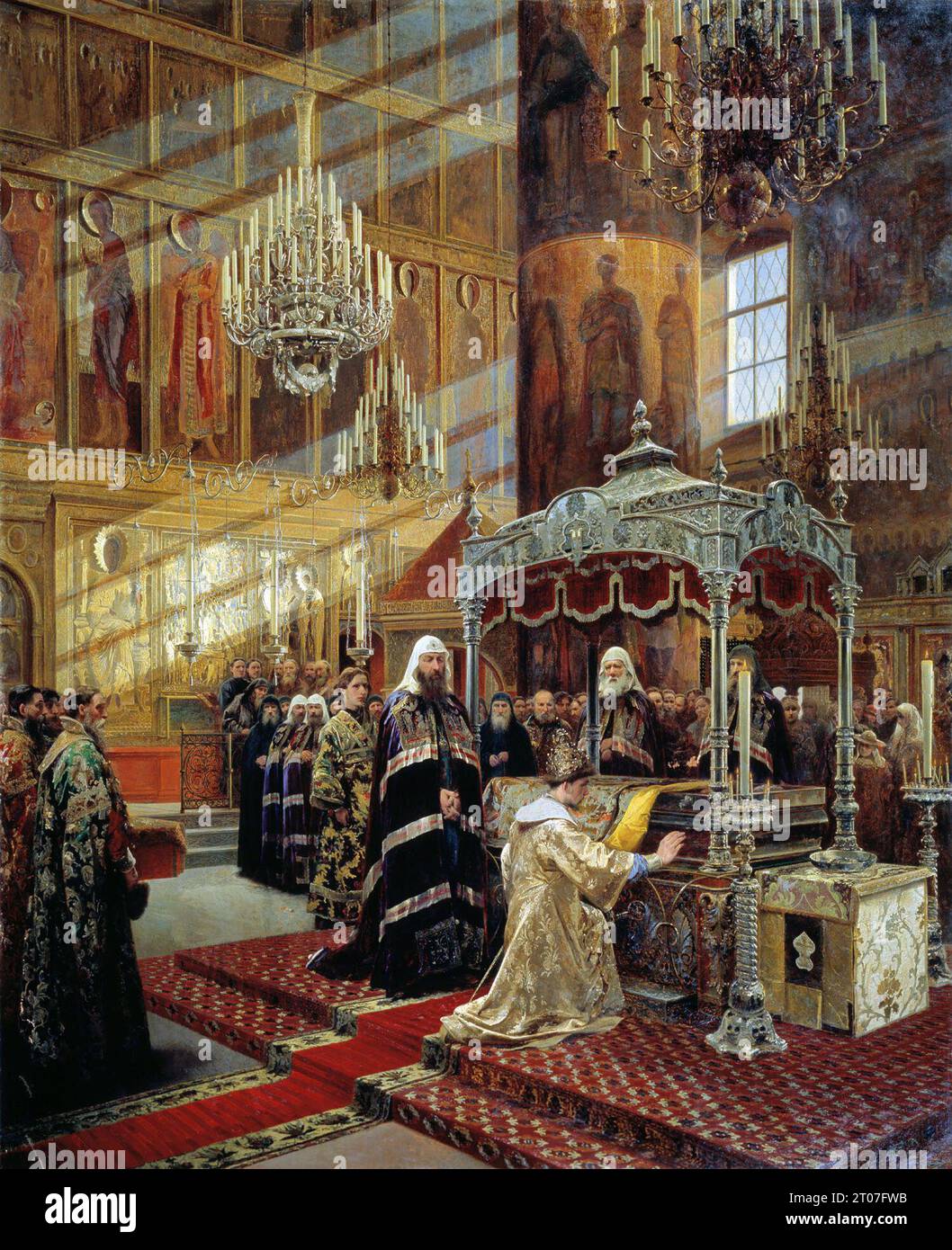 Tsar Alexis praying before the relics of Metropolitan Philip - Alexander Litovchenko Stock Photo