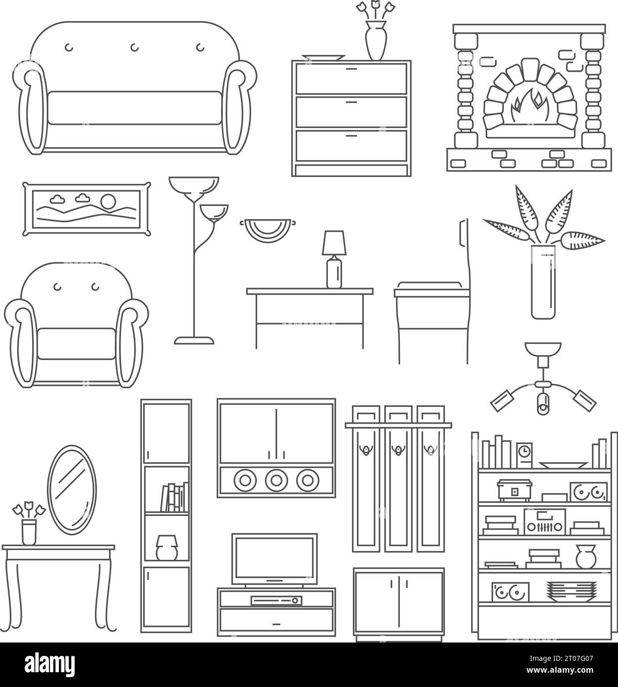 Interior furniture icons line set with chair table lamp isolated vector