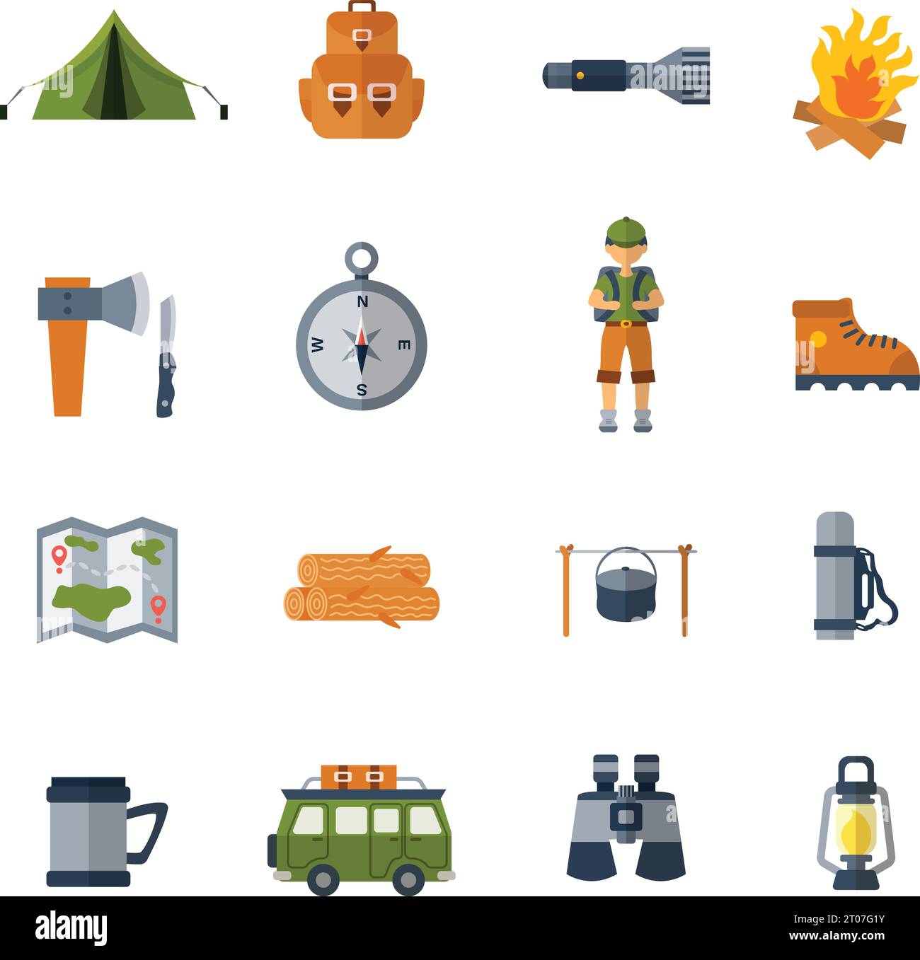 Camping flat icons set with binocular tent camper and firewood isolated ...