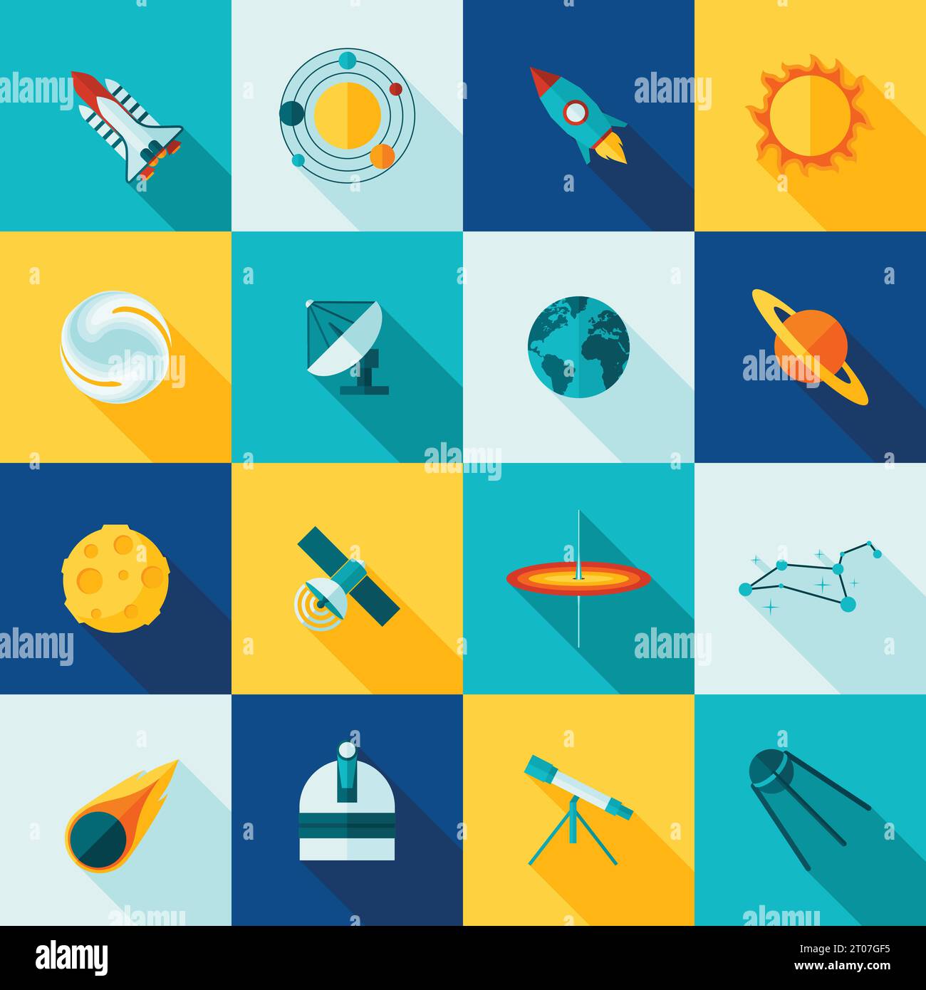 Universe space symbols satellite rocket planet and constellation flat ...