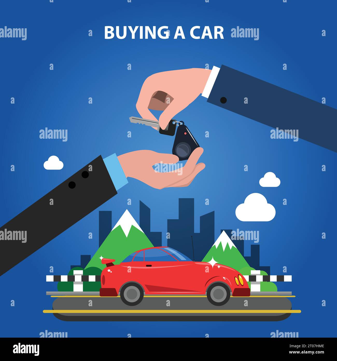 Buying a car concept with one hand giving keys to another flat vector