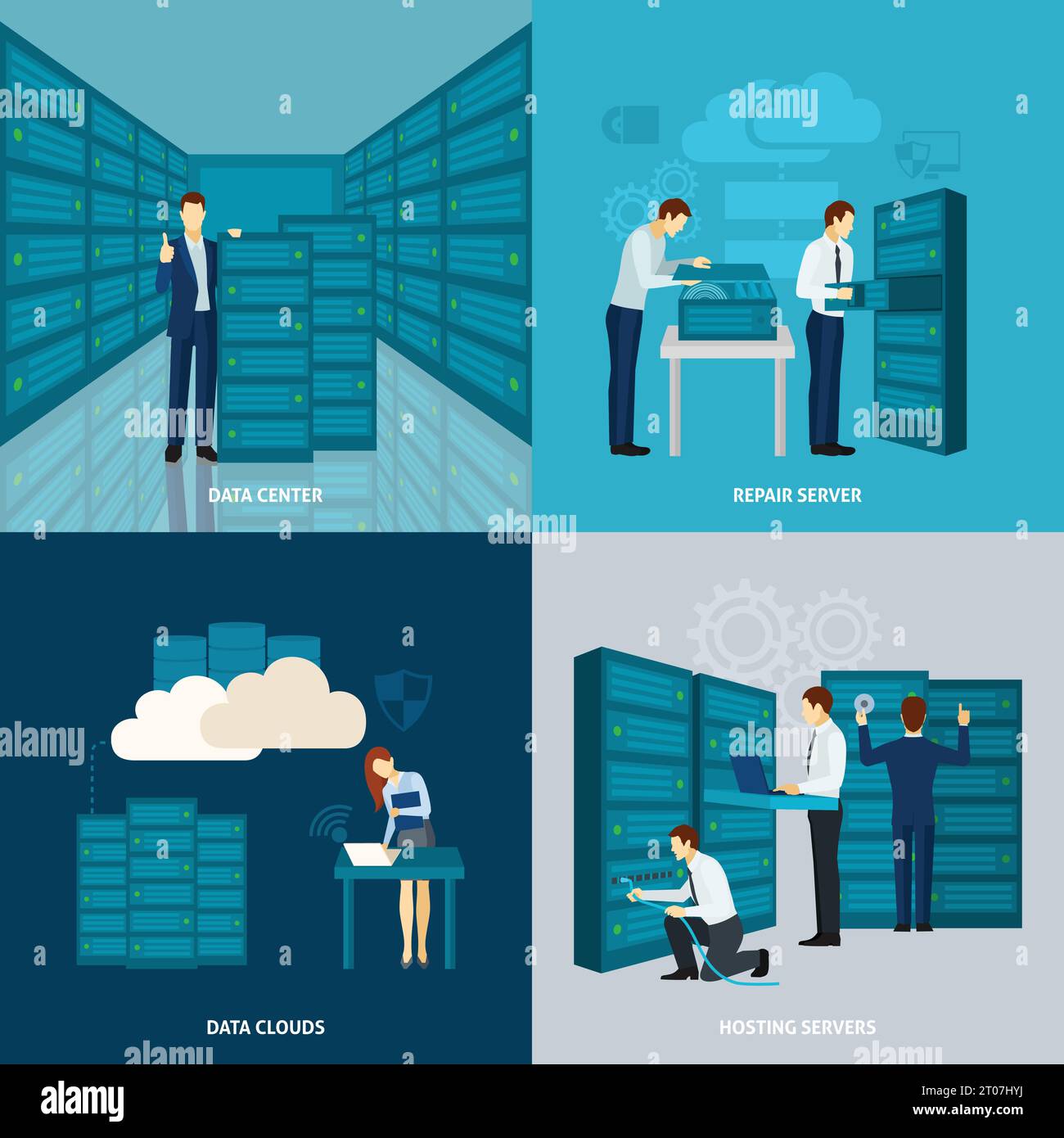 Data center design concept set with hosting servers flat icons isolated vector illustration Stock Vector