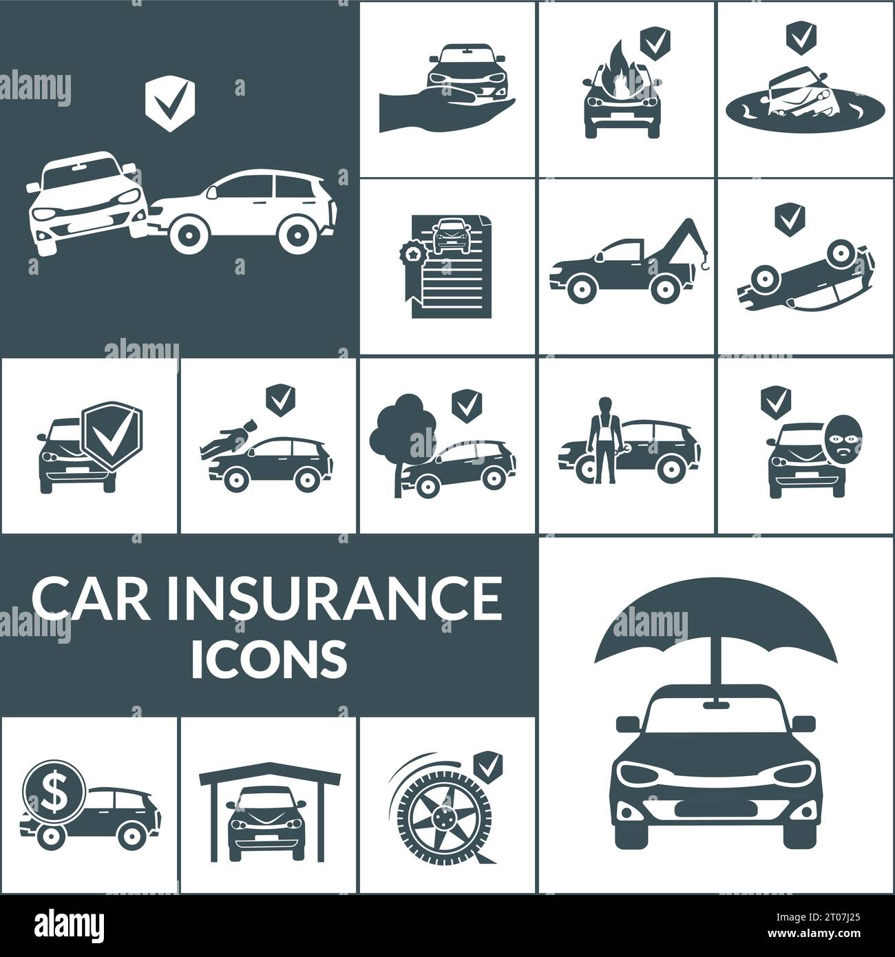 Car insurance and transportation accidents icons black set isolated ...