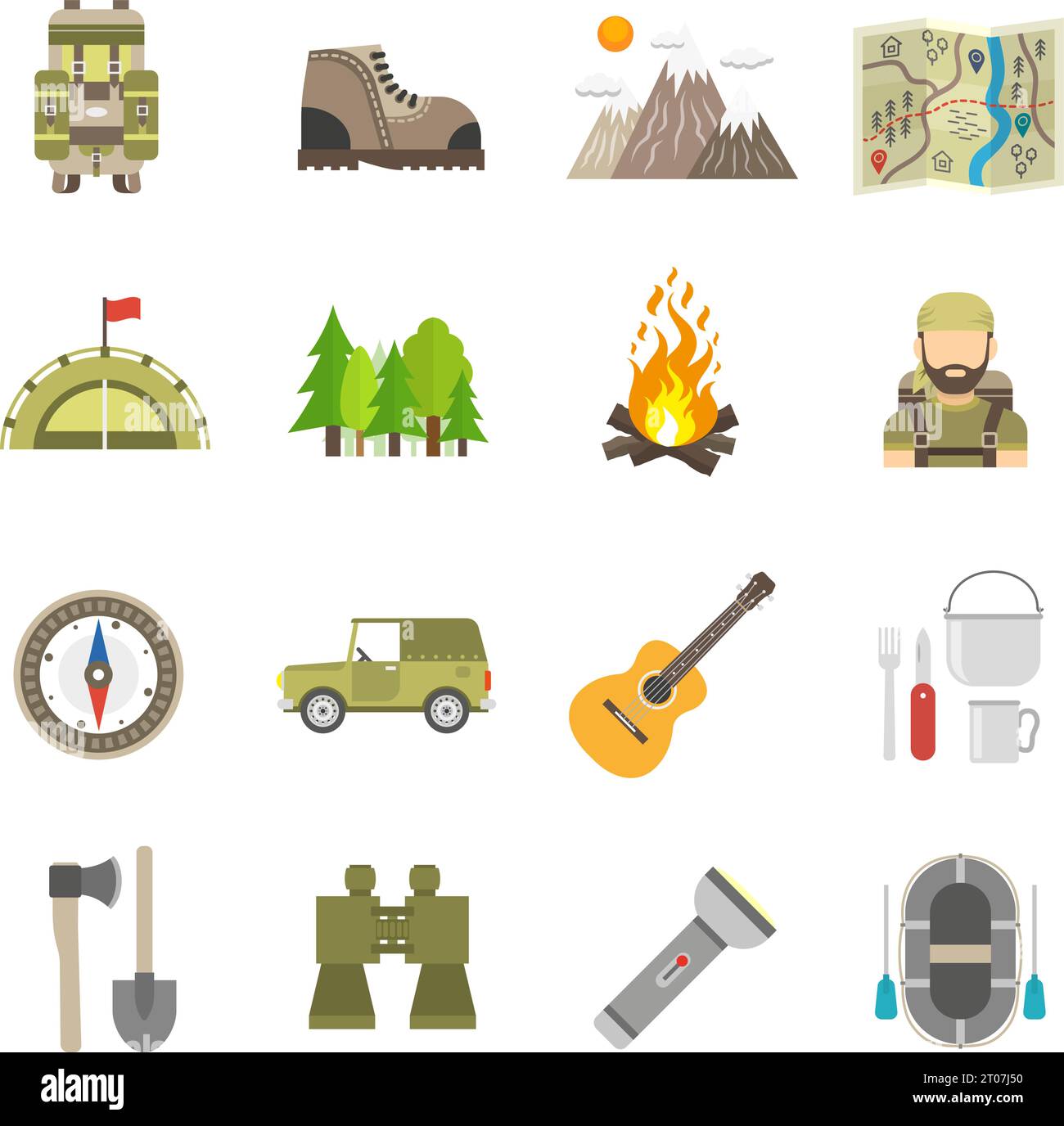 Tourism and summer hiking icons flat set isolated vector illustration ...