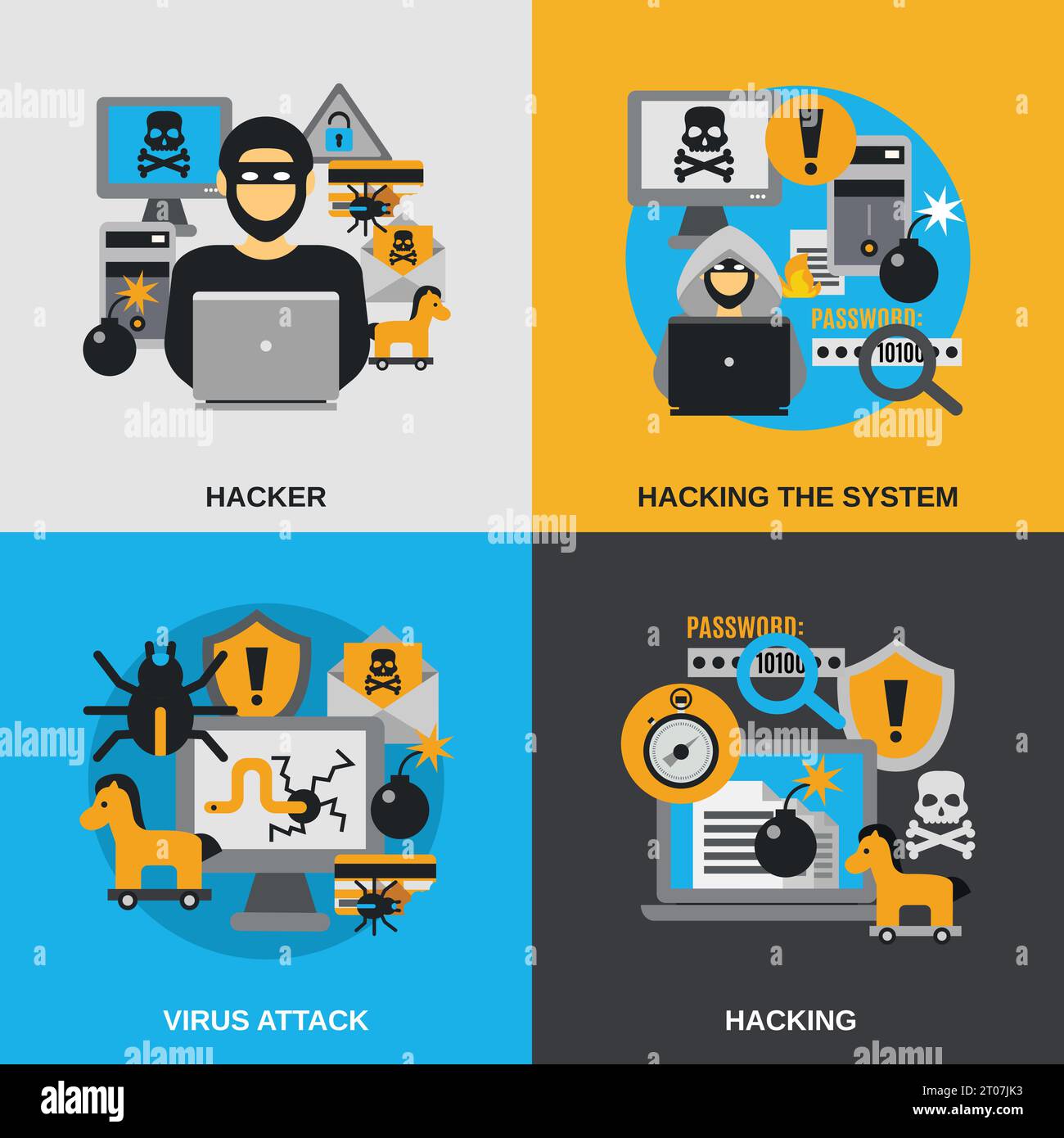 Hacker design concept set with virus attack flat icons isolated vector