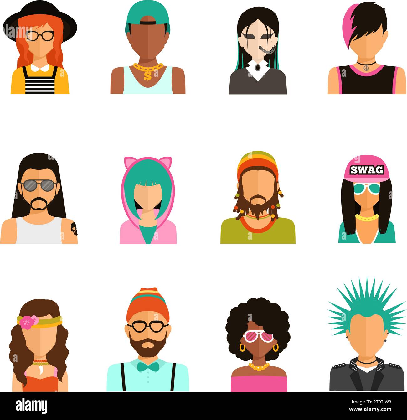 Different subcultures man and woman color portrait icons set in trendy flat style isolated vector illustration Stock Vector