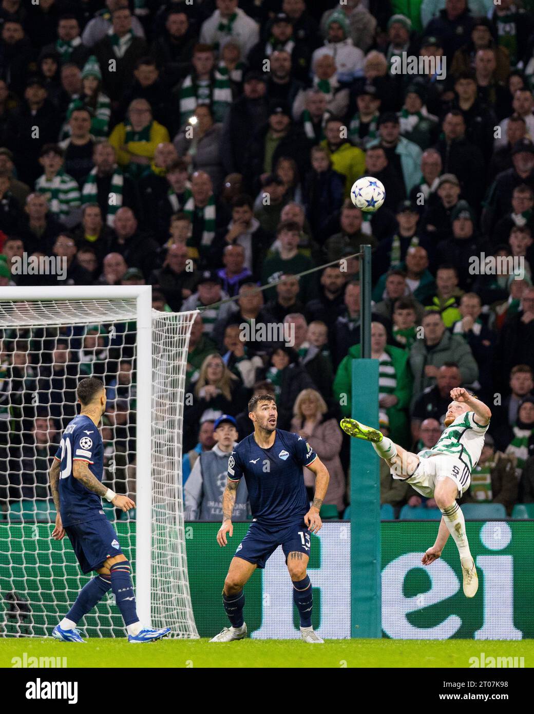 Glasgow, Scotland. 04 October 2023.  Liam Scales (5 - Celtic) takes the spectacular route to goal, but shoots wide of the mark  Celtic Vs Lazio - UEFA Champions League, Group E  Credit: Raymond Davies / Alamy Live News Stock Photo