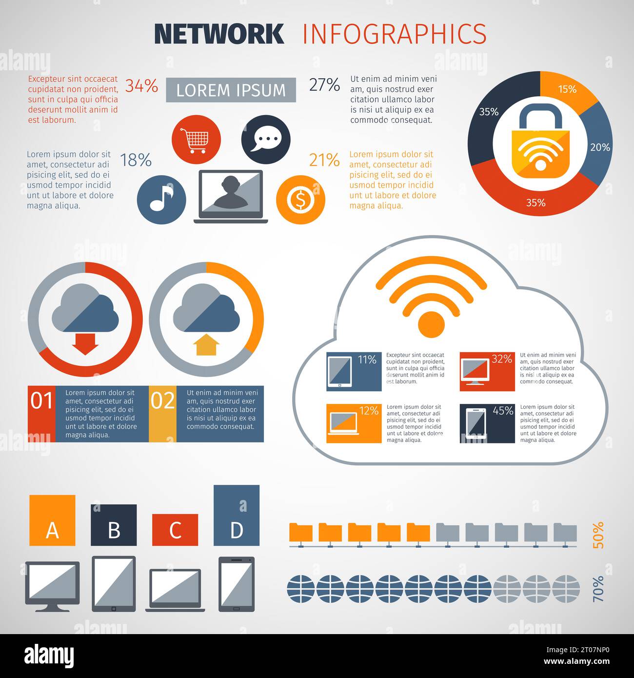 Network infographics set with chart and computer database configuration ...