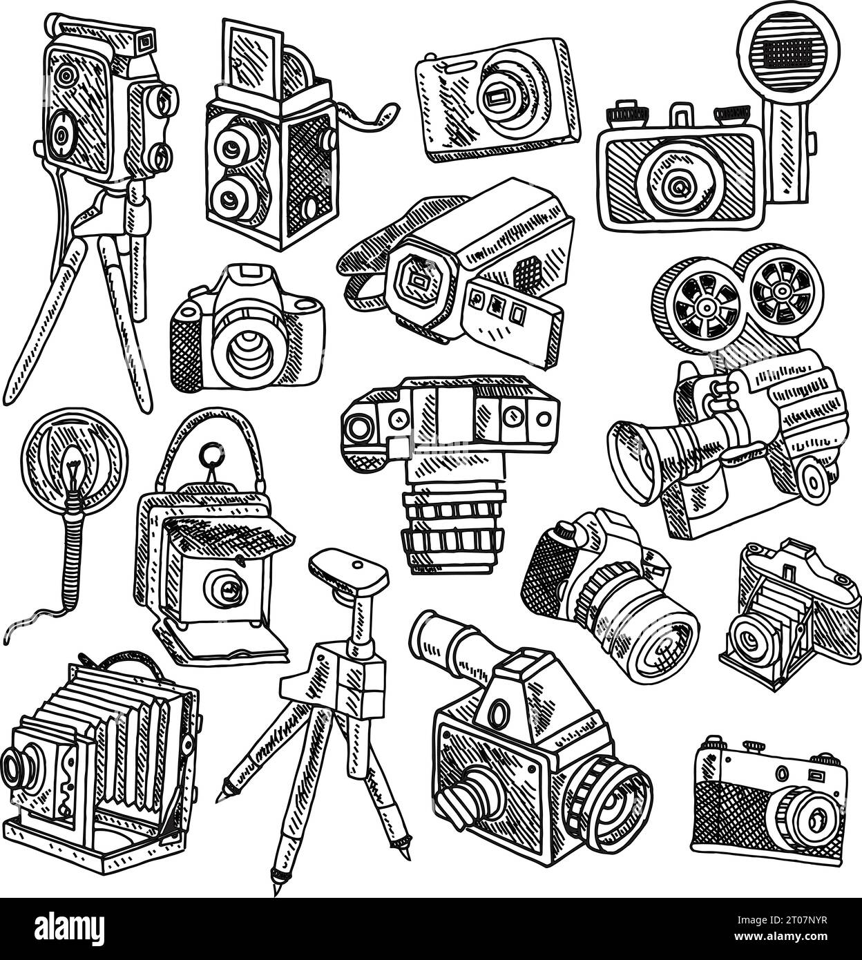 Photo and movie vintage hobby cameras with tripod and flashlight pictograms collection graphic doodle sketch vector illustration Stock Vector