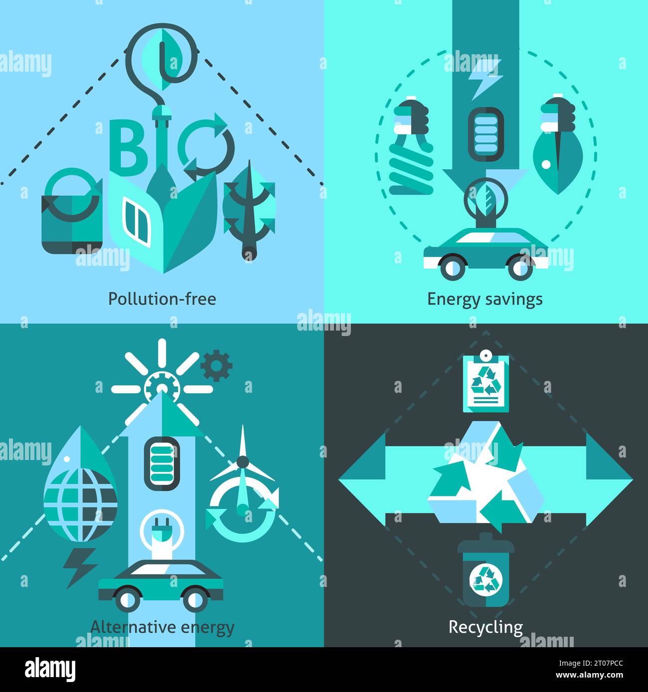Ecology flat icons set with pollution free alternative energy savings