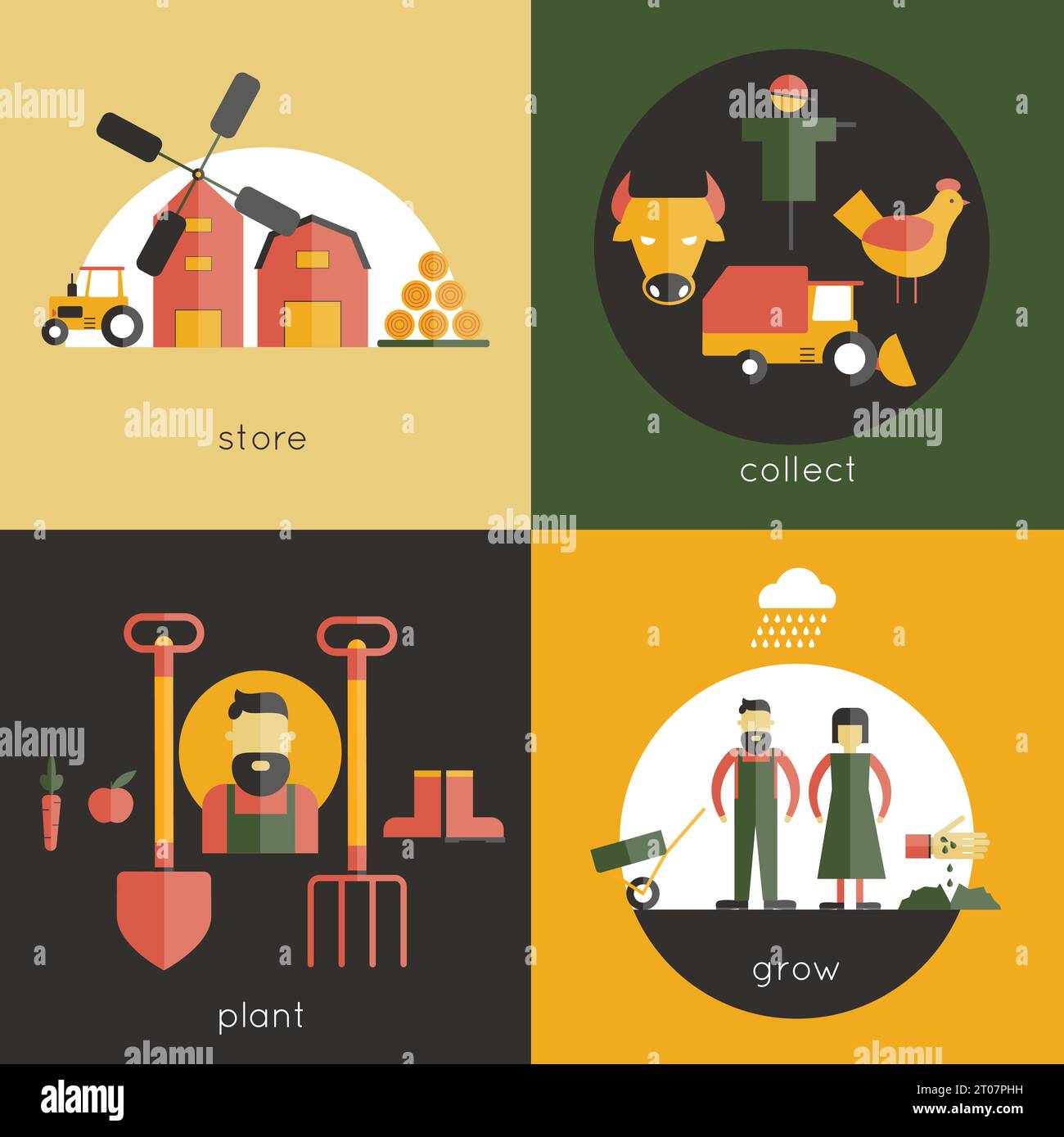Farm design concept set with store collect plant grow flat icons