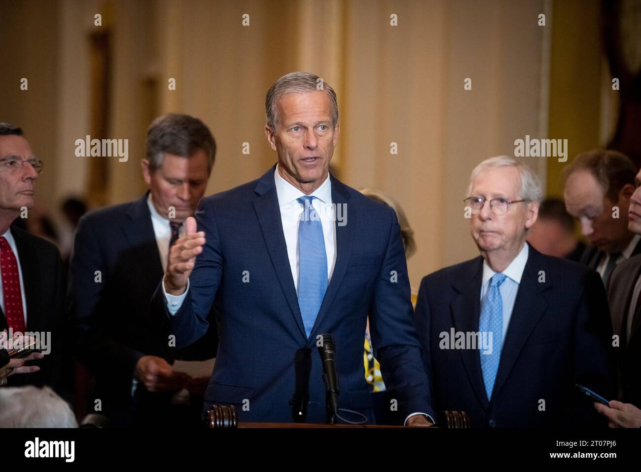 United States Senator John Thune (Republican of South Dakota) offers remarks following the Senate Republican policy luncheon, at the US Capitol in Washington, DC, Wednesday, October 4, 2023. Credit: Rod Lamkey/CNP Stock Photo