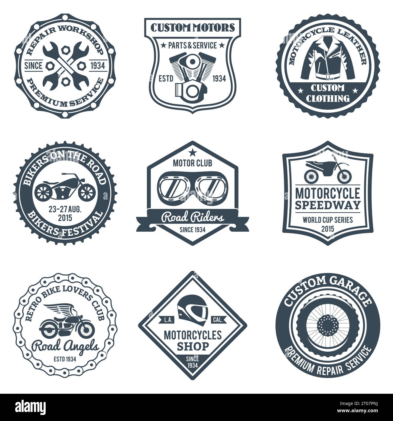 Motorcycle labels black set with bike repair workshop logos isolated ...