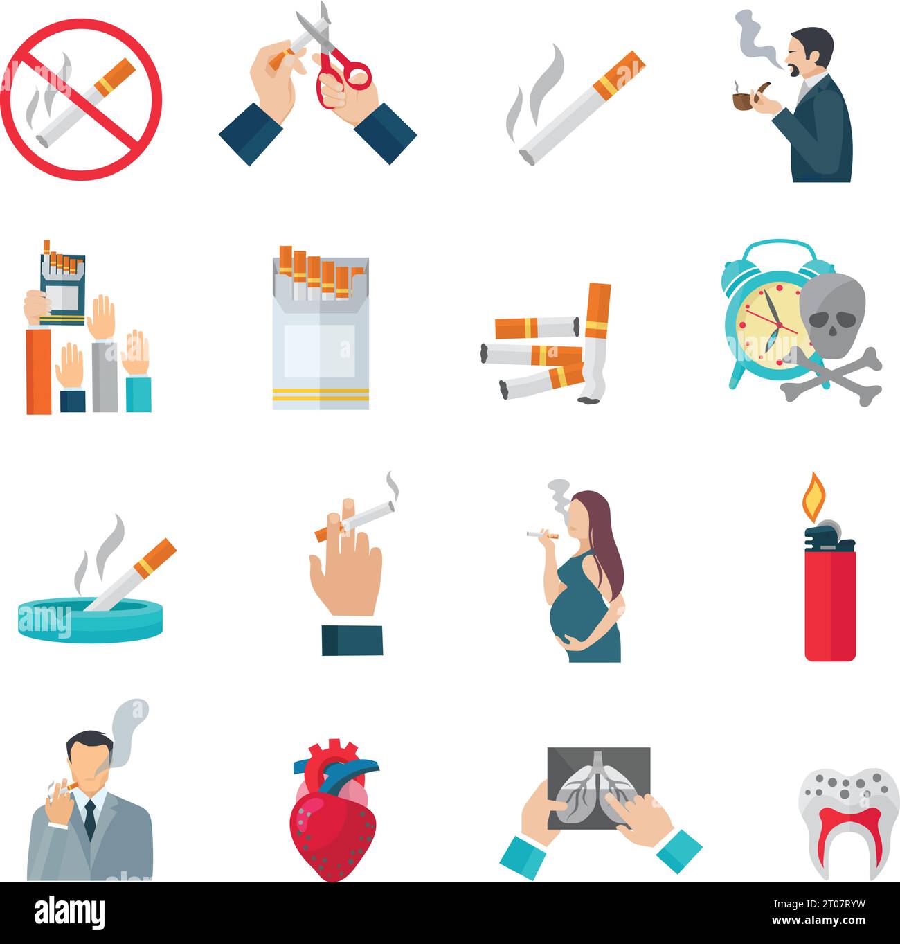 Smoking flat icons set with cigarette danger and hazards symbols isolated vector illustration Stock Vector