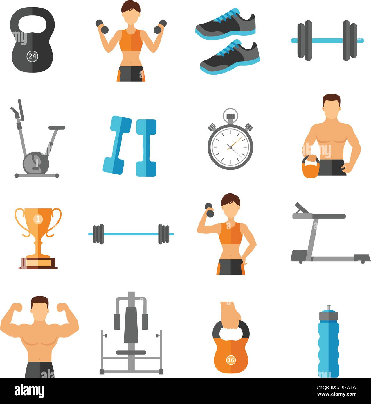 Fitness flat style icons set with sportsmen athletes equipment and gear isolated vector illustration Stock Vector