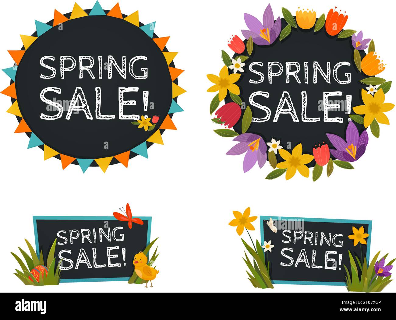 Spring sale chalkboard banners with decorative  frames contain colorful sun rays and flowers flat vector illustration Stock Vector