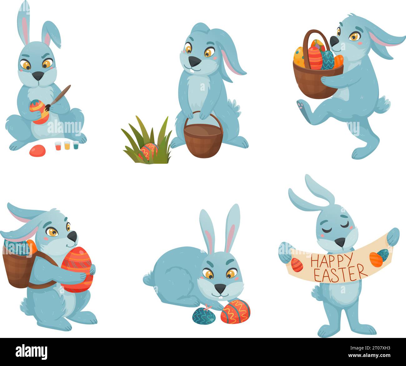 Easter bunny set of six isolated funny characters in different poses with painted easter eggs basket vector illustration Stock Vector
