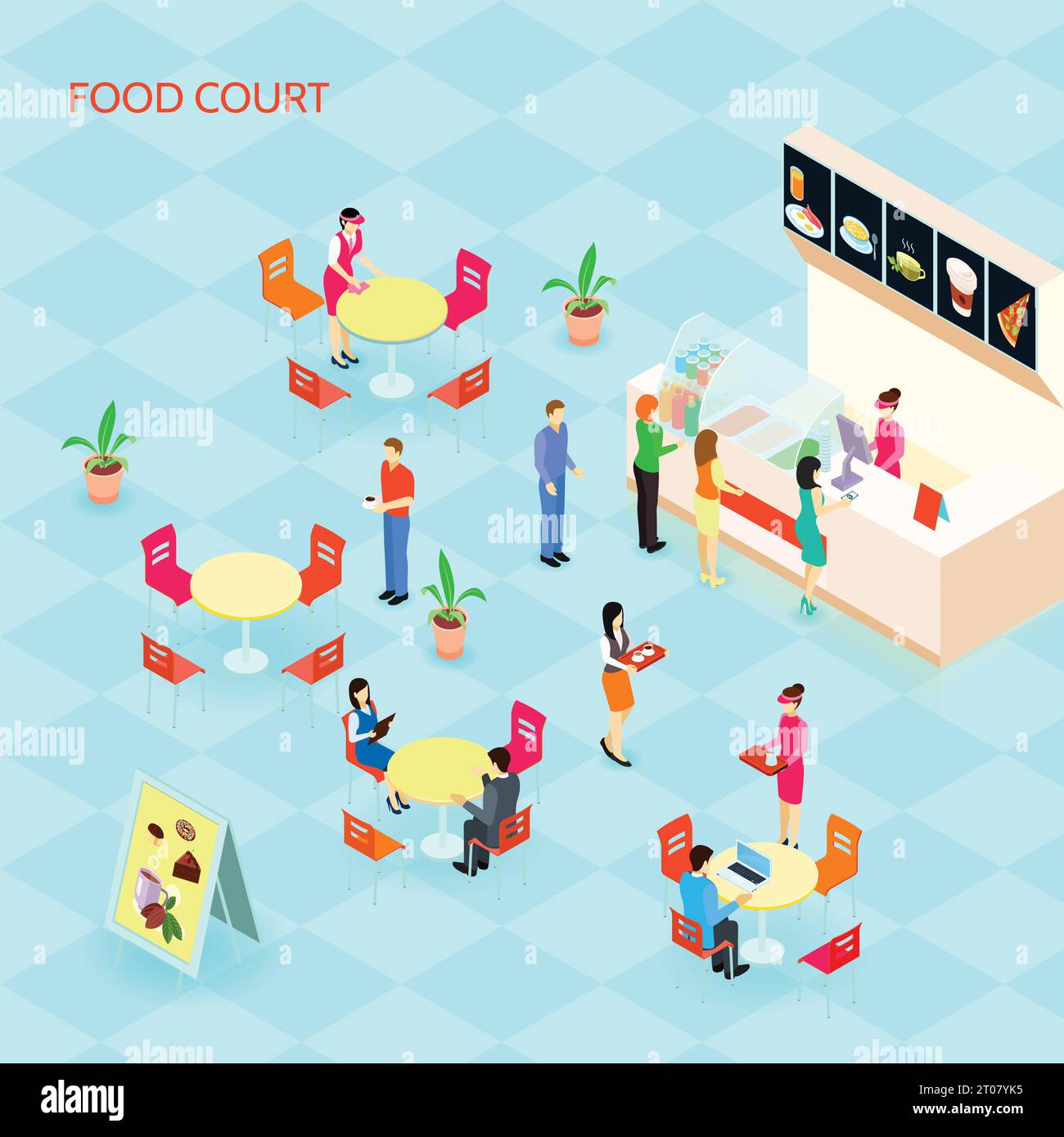 Colored fast food isometric icon set with food court at the mall with ...